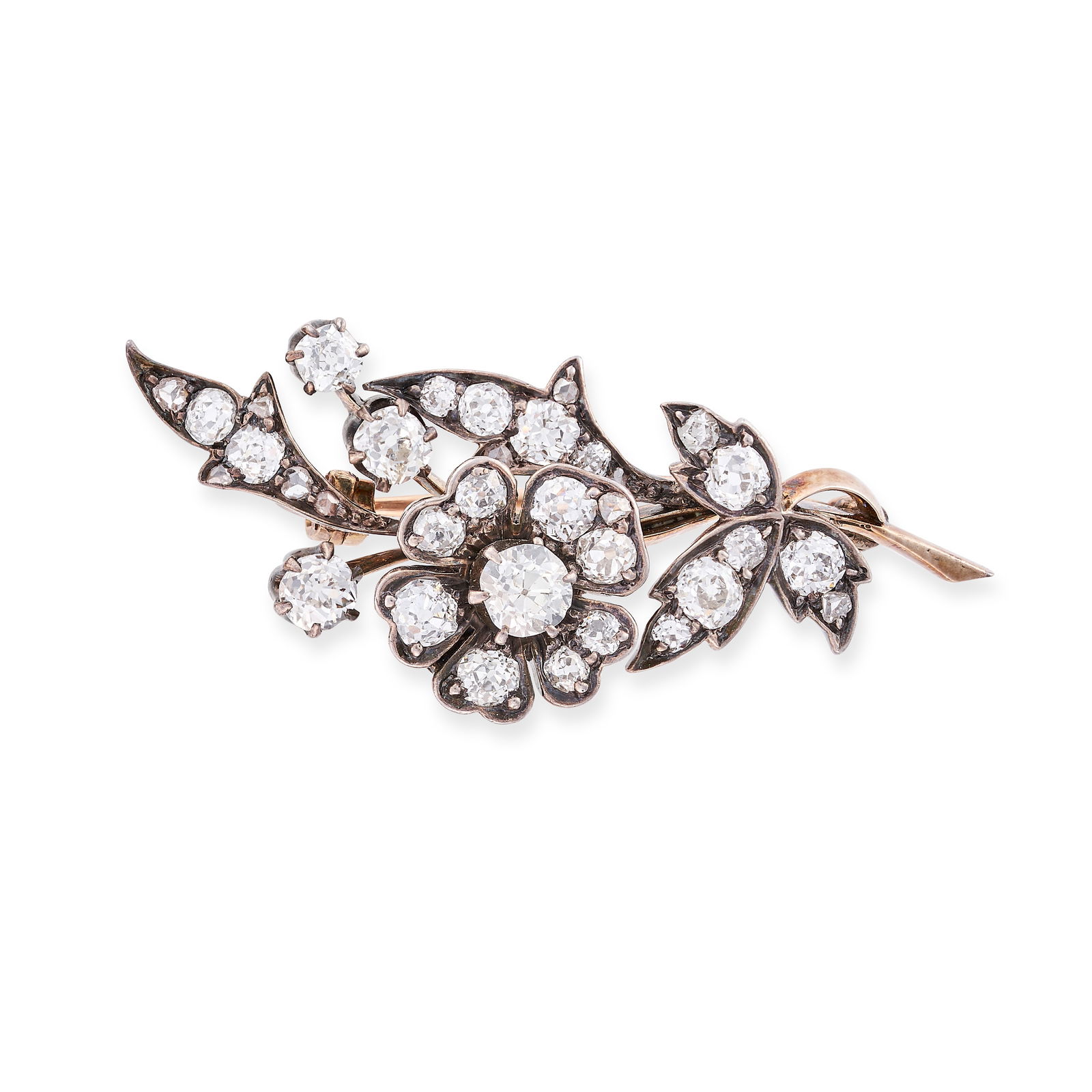 AN ANTIQUE DIAMOND SPRAY BROOCH in yellow gold and silver, designed as a floral spray set with old (1 of 1)