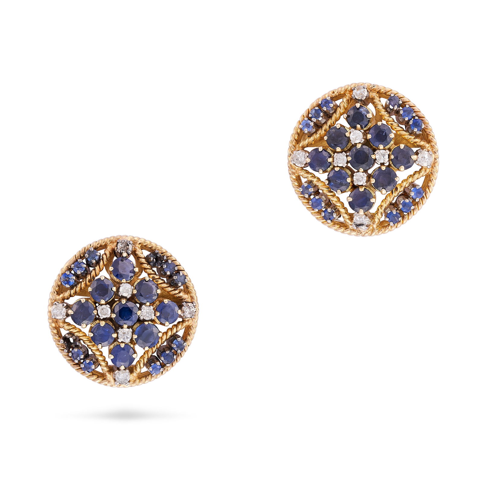 A PAIR OF SAPPHIRE AND DIAMOND EARRINGS each circular earring set with round cut sapphires and (1 of 1)