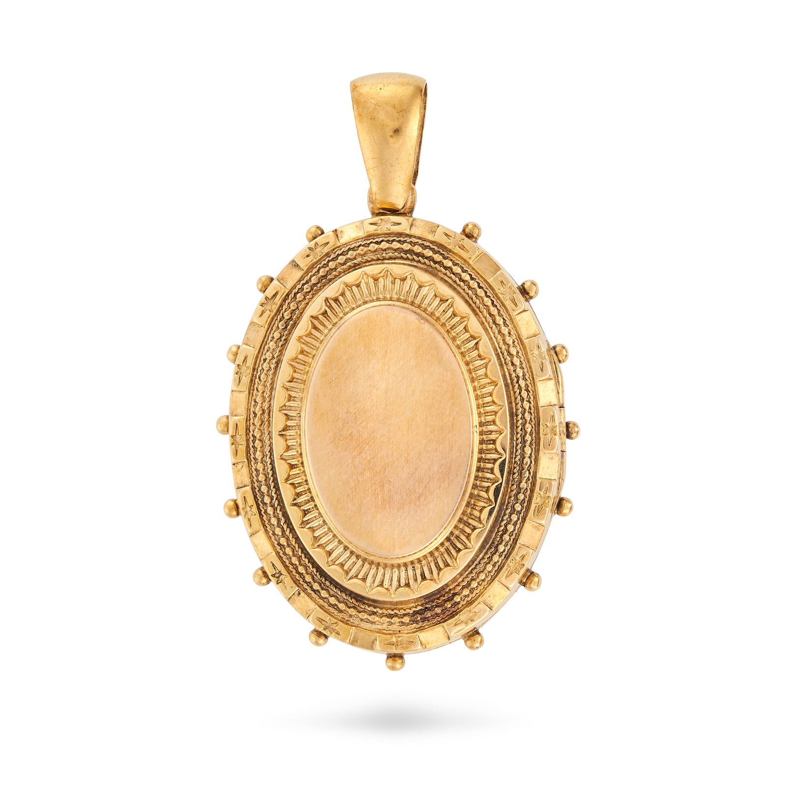AN ANTIQUE LOCKET PENDANT in yellow gold, the oval hinged locket accented by beadwork, opening to (1 of 1)
