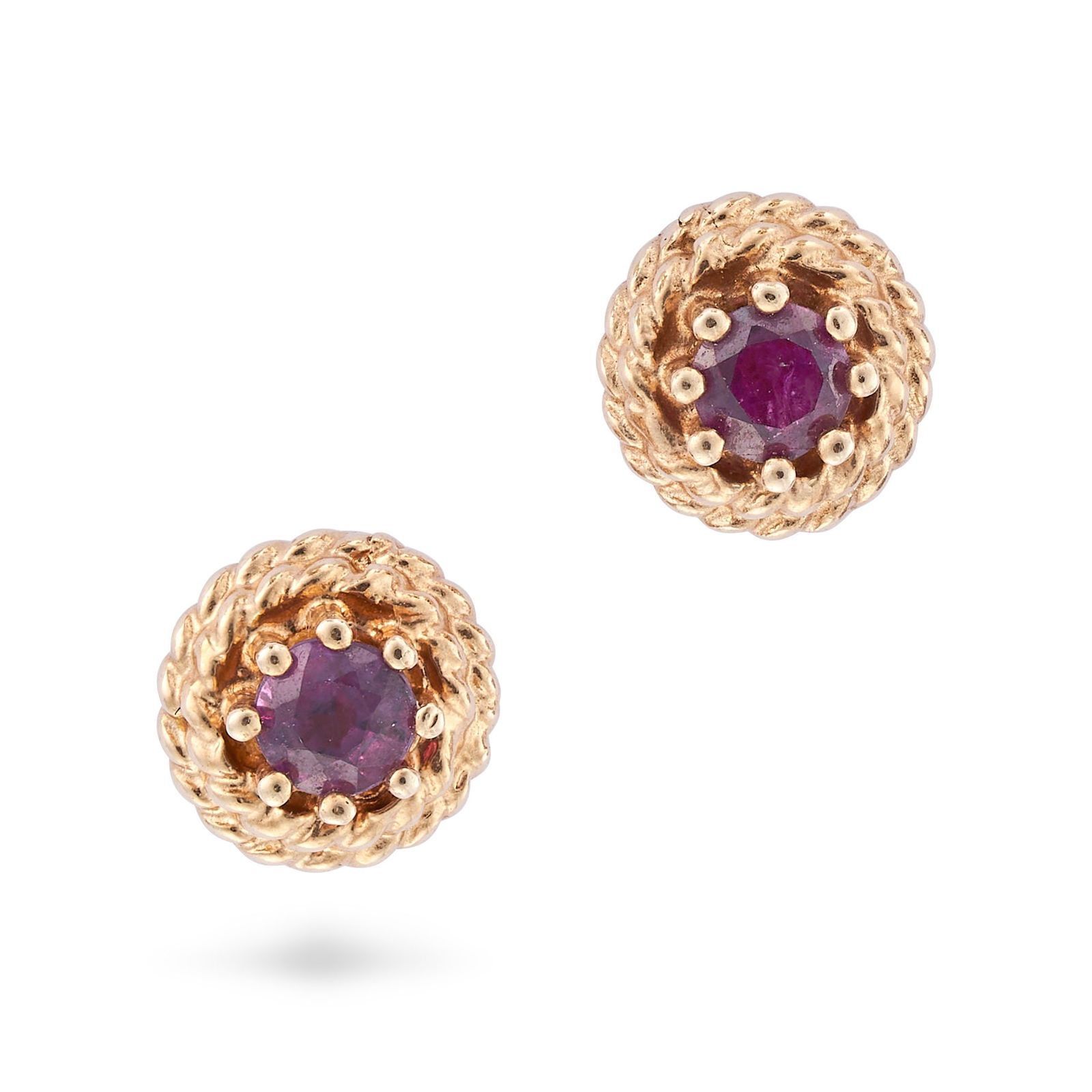 NO RESERVE - A PAIR OF RUBY STUD EARRINGS each set with a round cut ruby in a ropework border, (1 of 1)