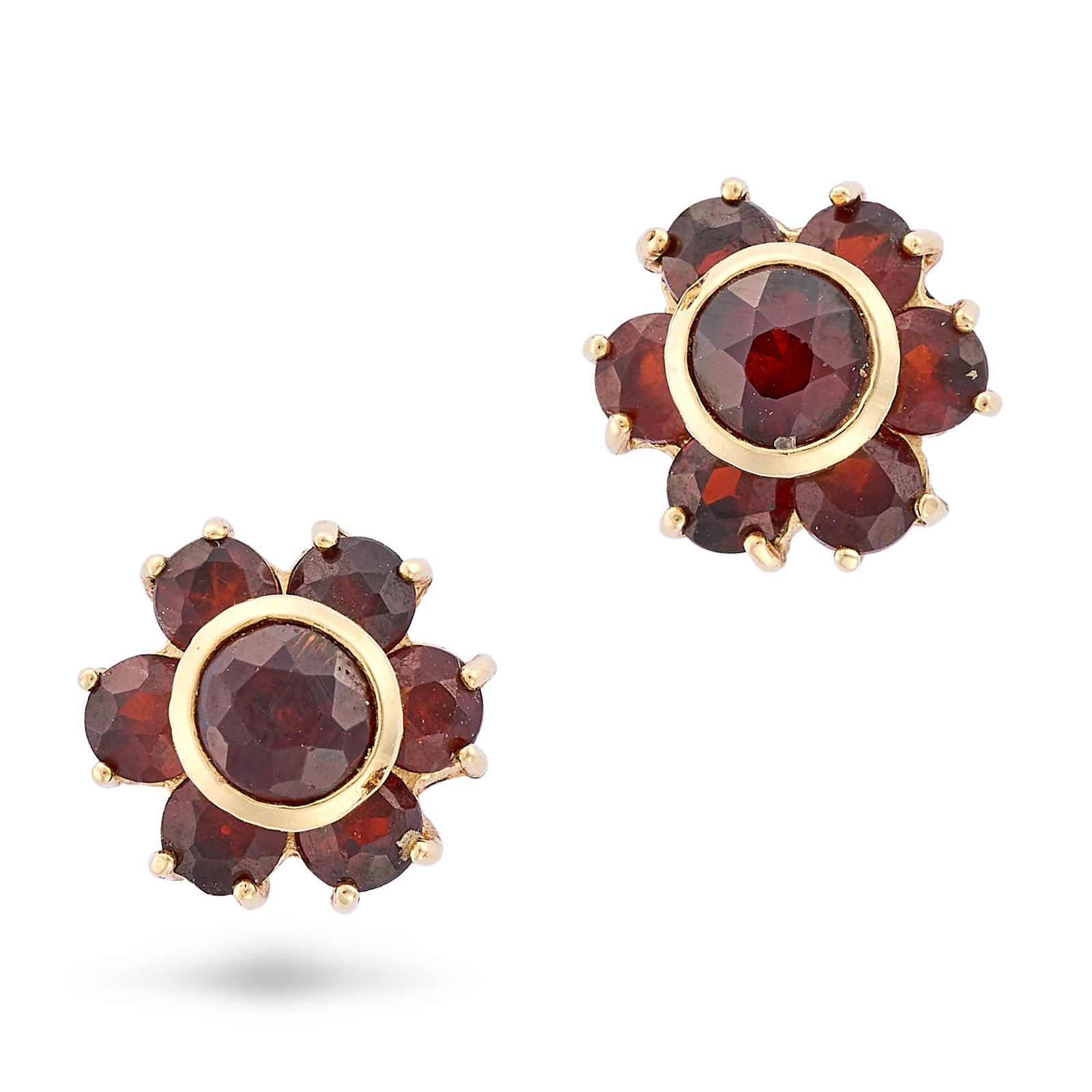 NO RESERVE - A PAIR OF GARNET STUD EARRINGS each set with a round cut garnet in a cluster of round (1 of 1)