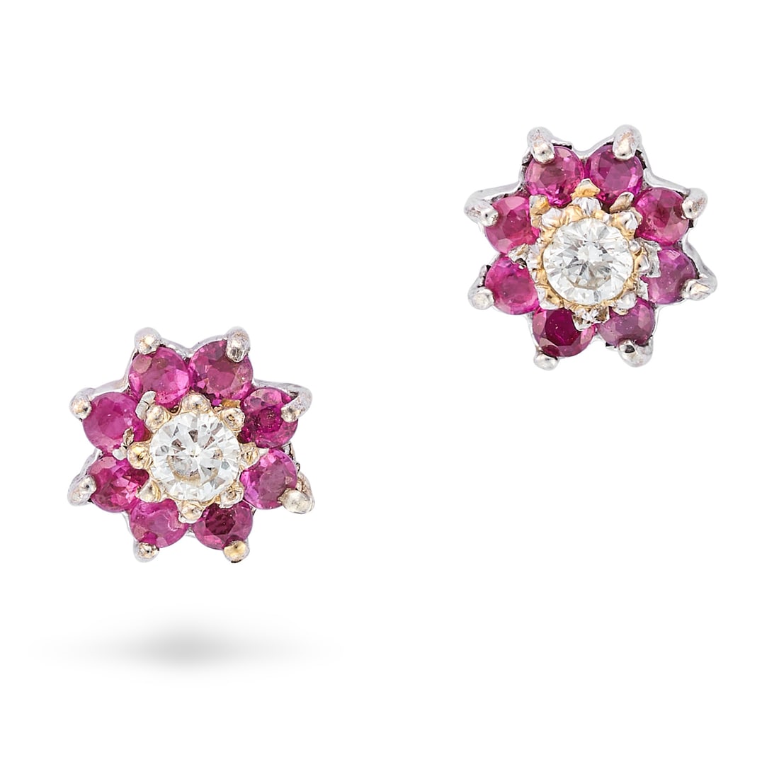 A PAIR OF RUBY AND DIAMOND CLUSTER EARRINGS in 9ct yellow gold, each set with a round brilliant cut (1 of 1)