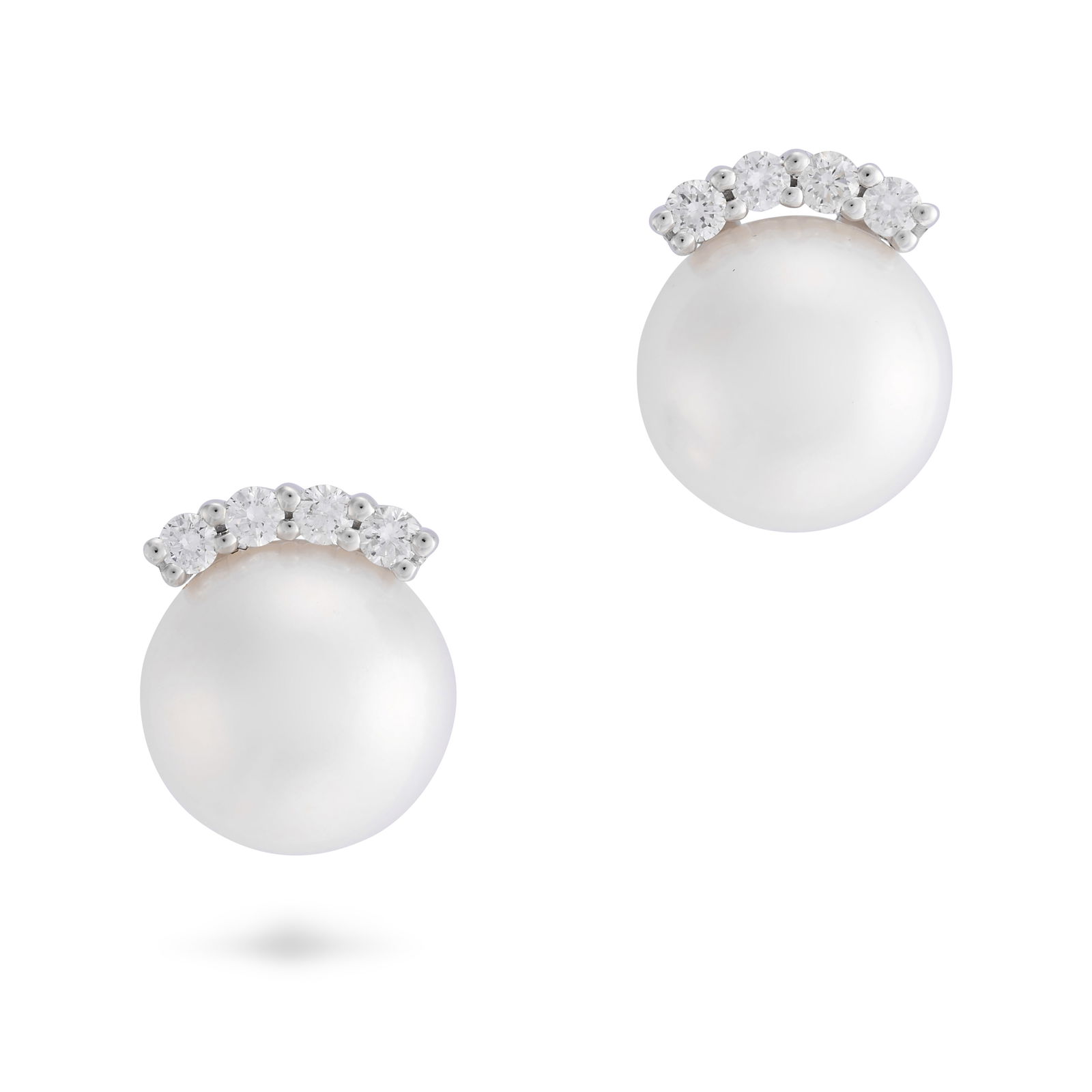 BUCHERER, A PAIR OF PEARL AND DIAMOND STUD EARRINGS in 18ct white gold, each set with a pearl of ...: BUCHERER, A PAIR OF PEARL AND DIAMOND STUD EARRINGS in 18ct white gold, each set with a pearl of 8.5mm accented by round brilliant cut diamonds, CB maker's mark, Swiss maker's mark, 1.1cm, 4.3g. Accom