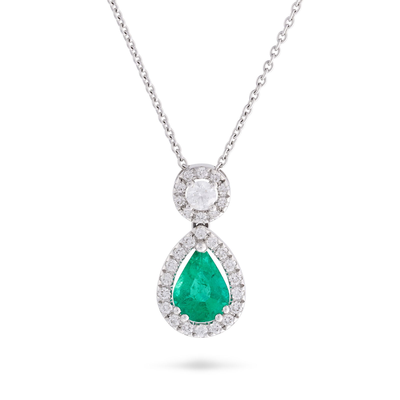 BUCHERER, AN EMERALD AND DIAMOND PENDANT NECKLACE in 18ct white gold, the pendant set with a clus...: BUCHERER, AN EMERALD AND DIAMOND PENDANT NECKLACE in 18ct white gold, the pendant set with a cluster of round brilliant cut diamonds, suspending a pear cut emerald in a border of further round brillia