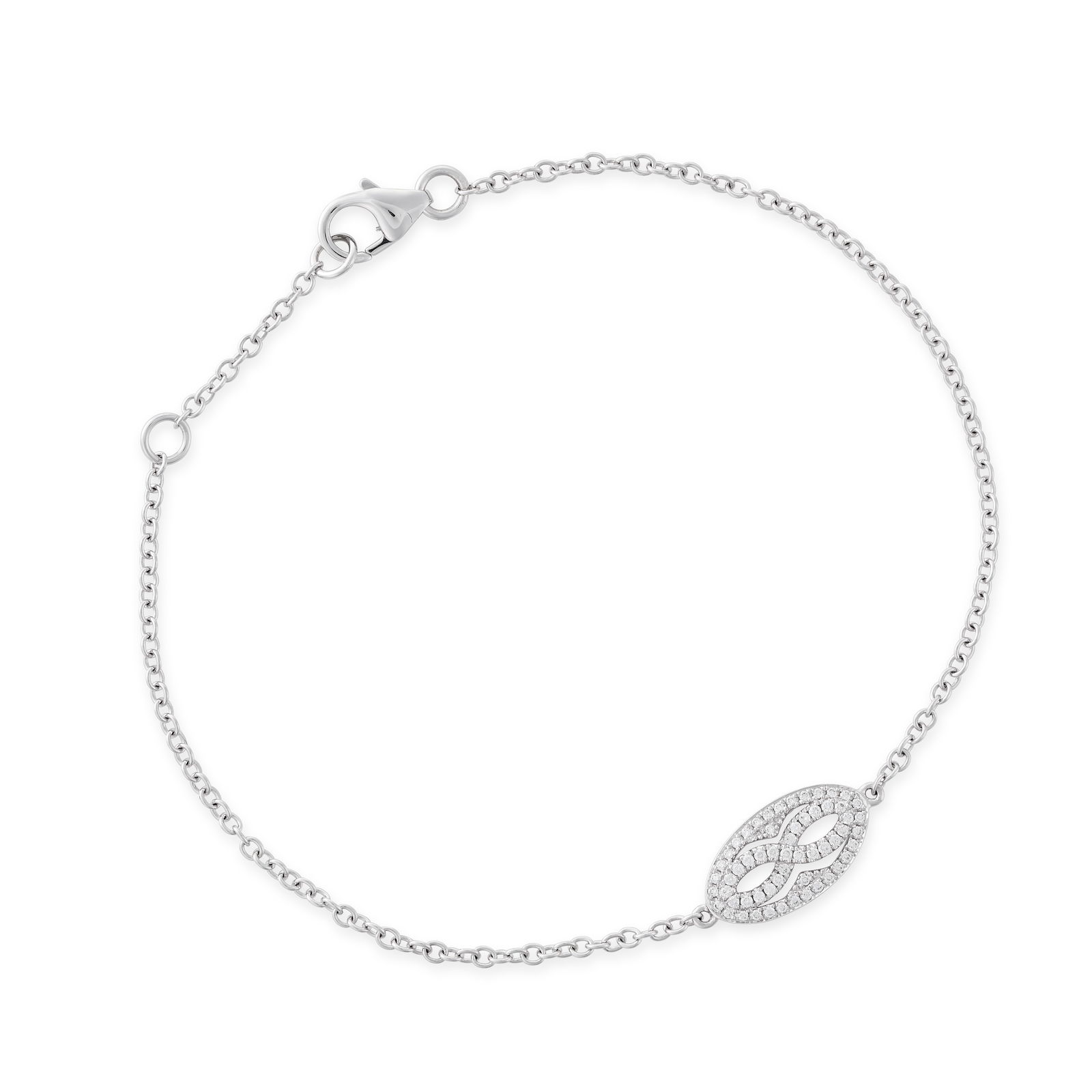 BUCHERER, A DIAMOND INFINITY BRACELET in 18ct white gold, comprising an infinity symbol within an...: BUCHERER, A DIAMOND INFINITY BRACELET in 18ct white gold, comprising an infinity symbol within an oval frame set with round brilliant cut diamonds, to a trace chain, signed Bucherer, Swiss assay marks