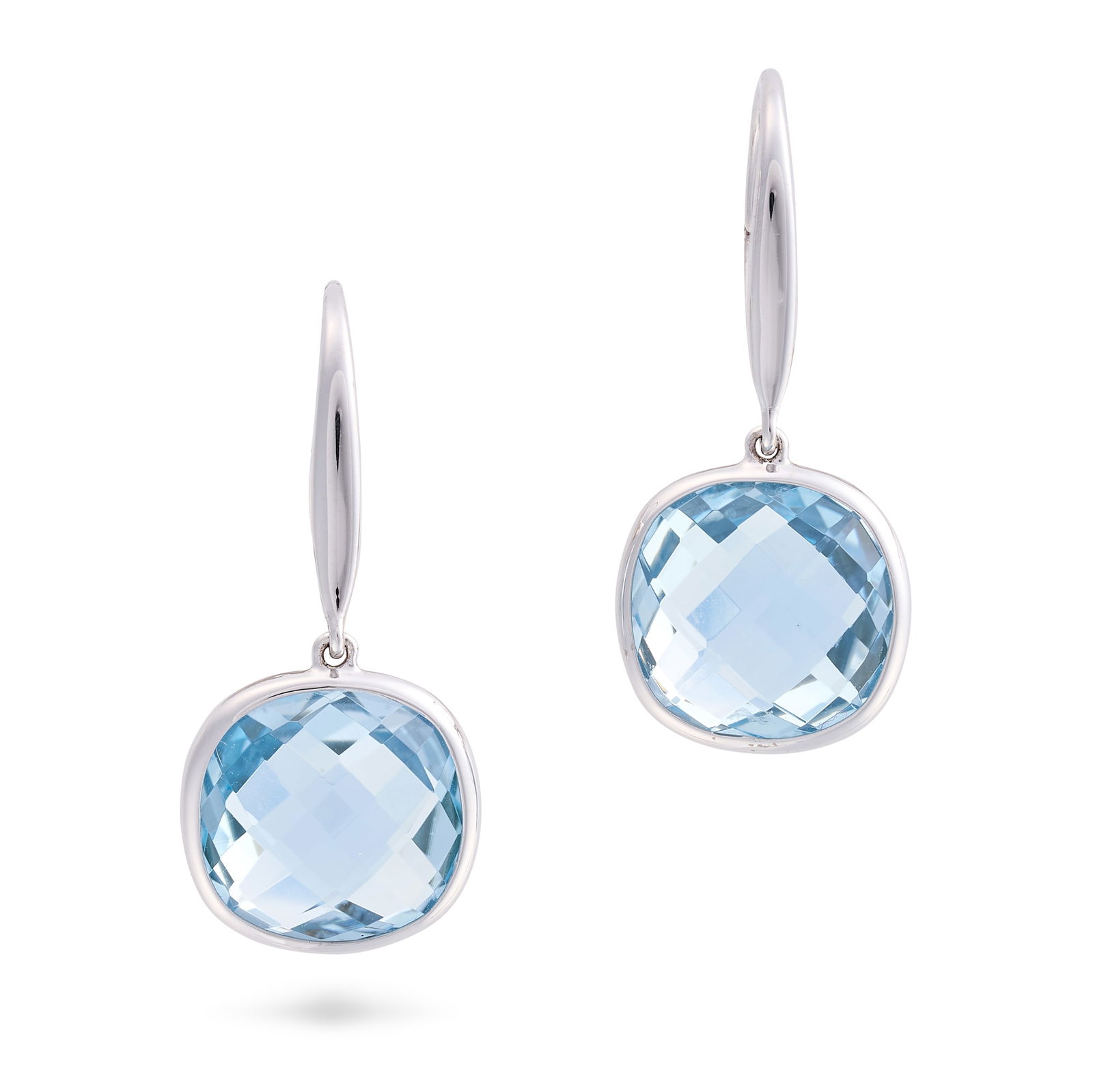 BUCHERER, A PAIR OF BLUE TOPAZ DROP EARRINGS in 18ct white gold, each comprising a hoop suspendin...: BUCHERER, A PAIR OF BLUE TOPAZ DROP EARRINGS in 18ct white gold, each comprising a hoop suspending a faceted blue topaz drop, CB maker's mark, Swiss assay marks, 2.6cm, 3.3g. Accompanied by a Bucherer