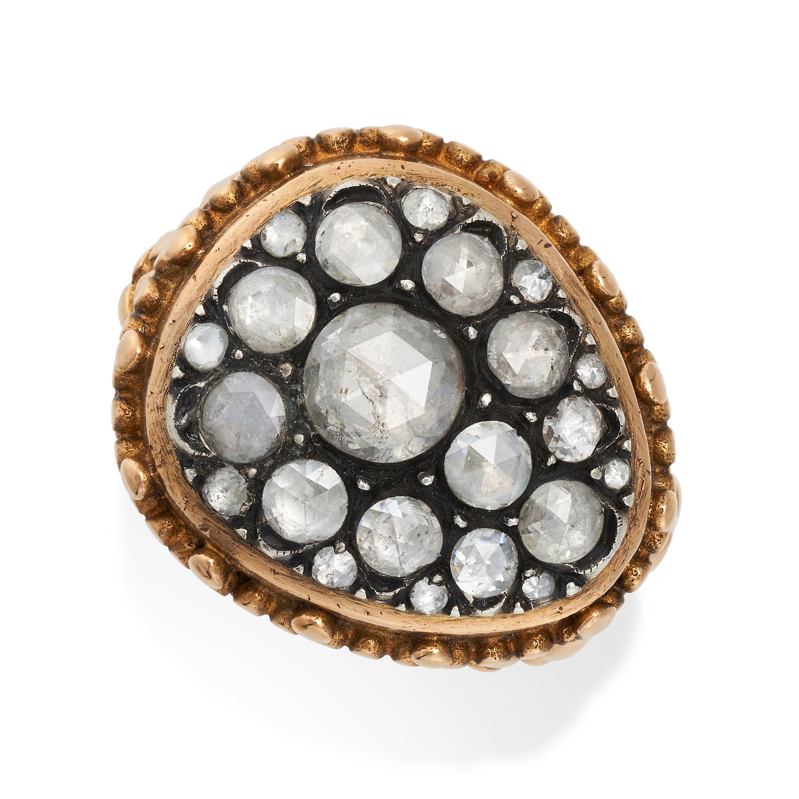 A DIAMOND CLUSTER RING in yellow gold, set with a cluster of rose cut diamonds, no assay marks, s... (1 of 2)