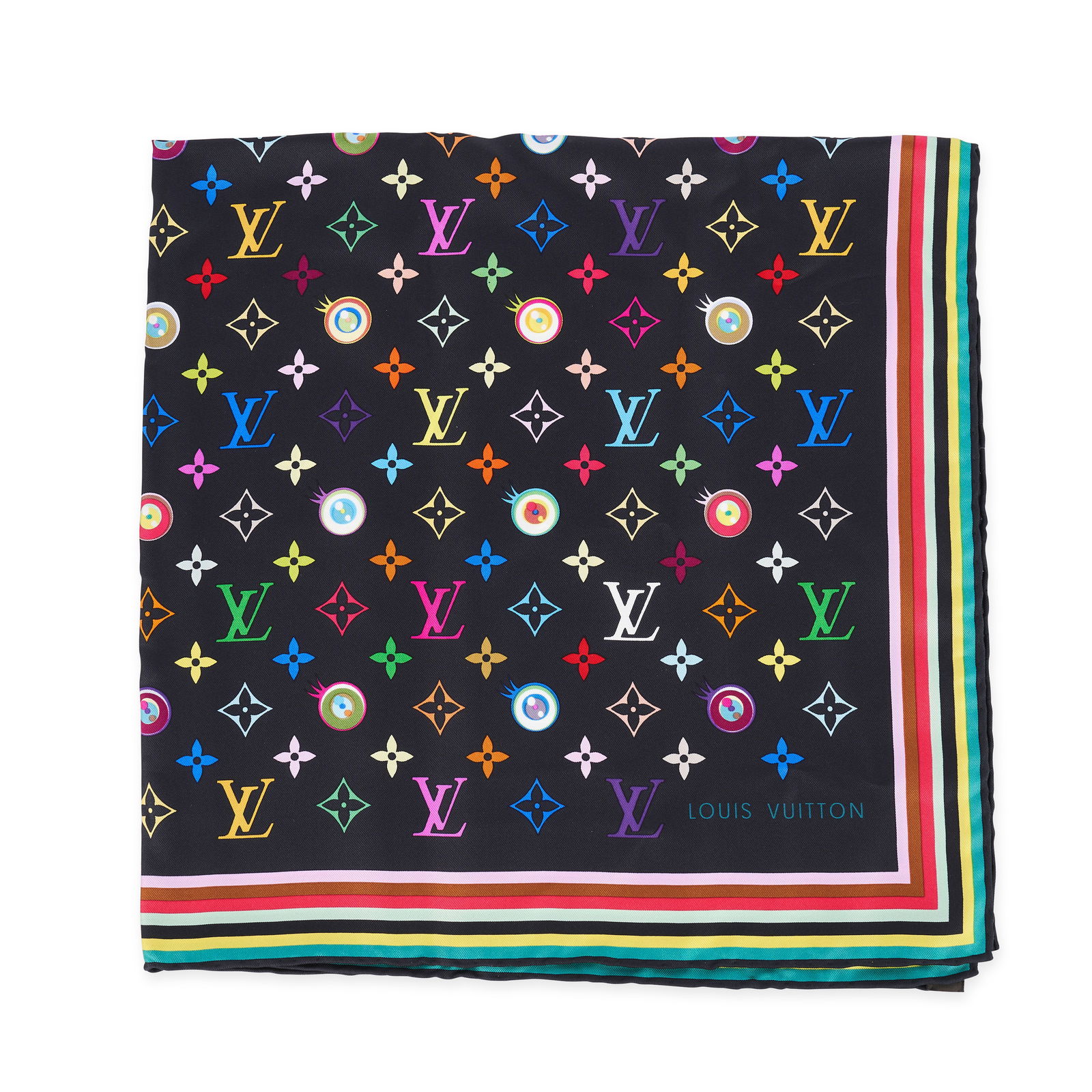 LOUIS VUITTON TAKASHI MURAKAMI BLACK MULTICOLOUR SILK SCARF  Condition grade A.  Black background (1 of 4)