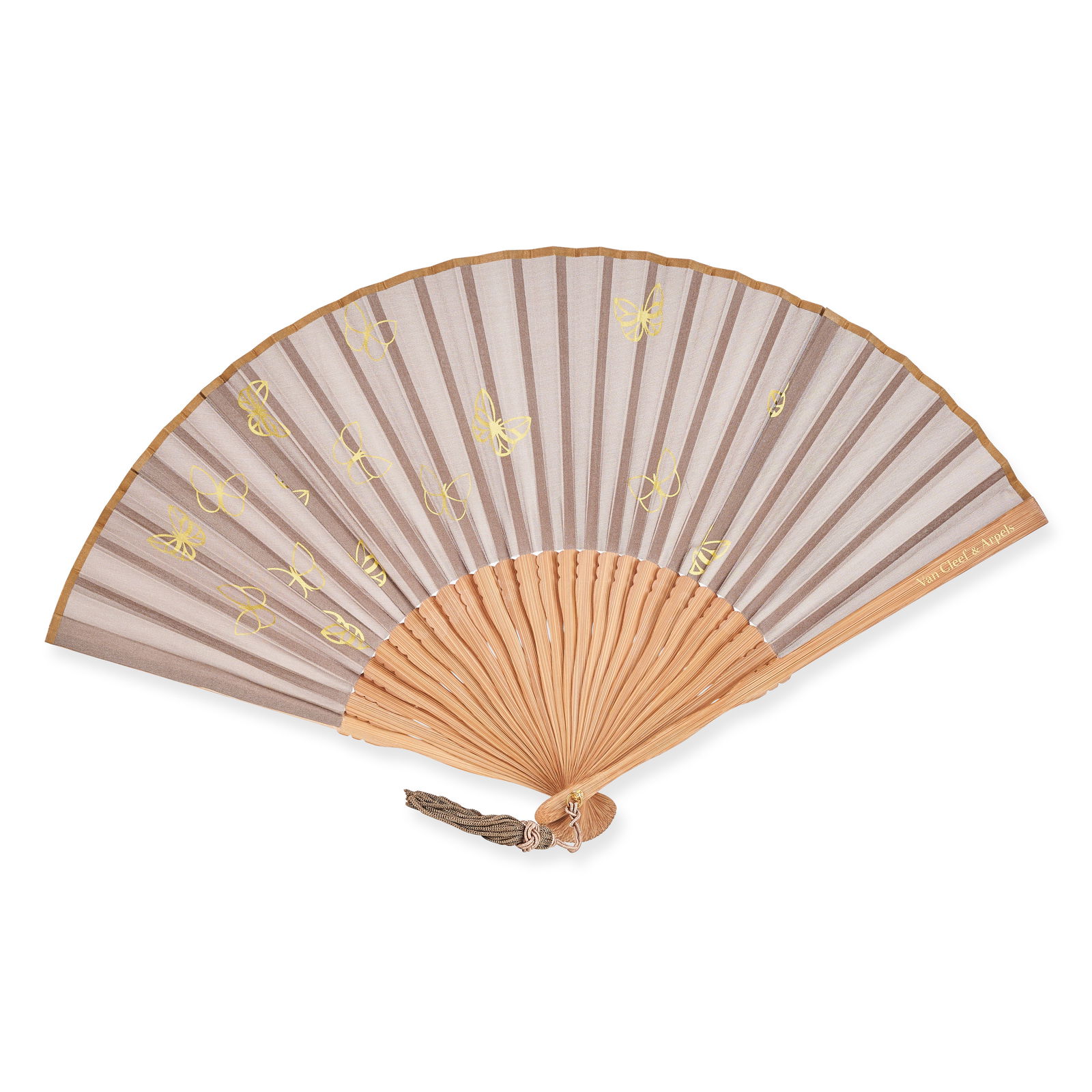 NO RESERVE VAN CLEEF & ARPELS FAN A wooden fan with butterfly logos, Van Cleef & Arpels logos and a: NO RESERVE VAN CLEEF & ARPELS FAN A wooden fan with butterfly logos, Van Cleef & Arpels logos and a tassel feature. Length 21cm. Accompanied by box and dust bag.