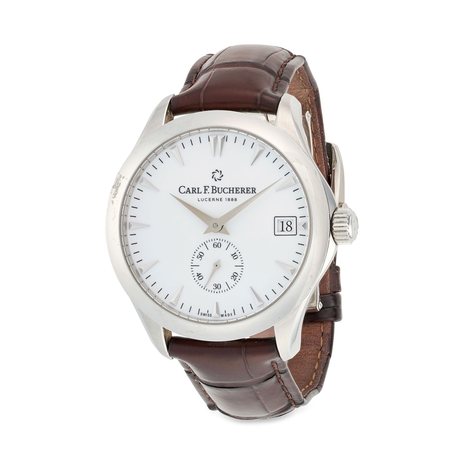 CARL F BUCHERER - A CARL F BUCHERER MANERO PERIPHERAL CHRONOMETER WRISTWATCH, circular white dial: CARL F BUCHERER - A CARL F BUCHERER MANERO PERIPHERAL CHRONOMETER WRISTWATCH, circular white dial with small second and date aperture, stainless steel case fitted to a brown leather strap with folding