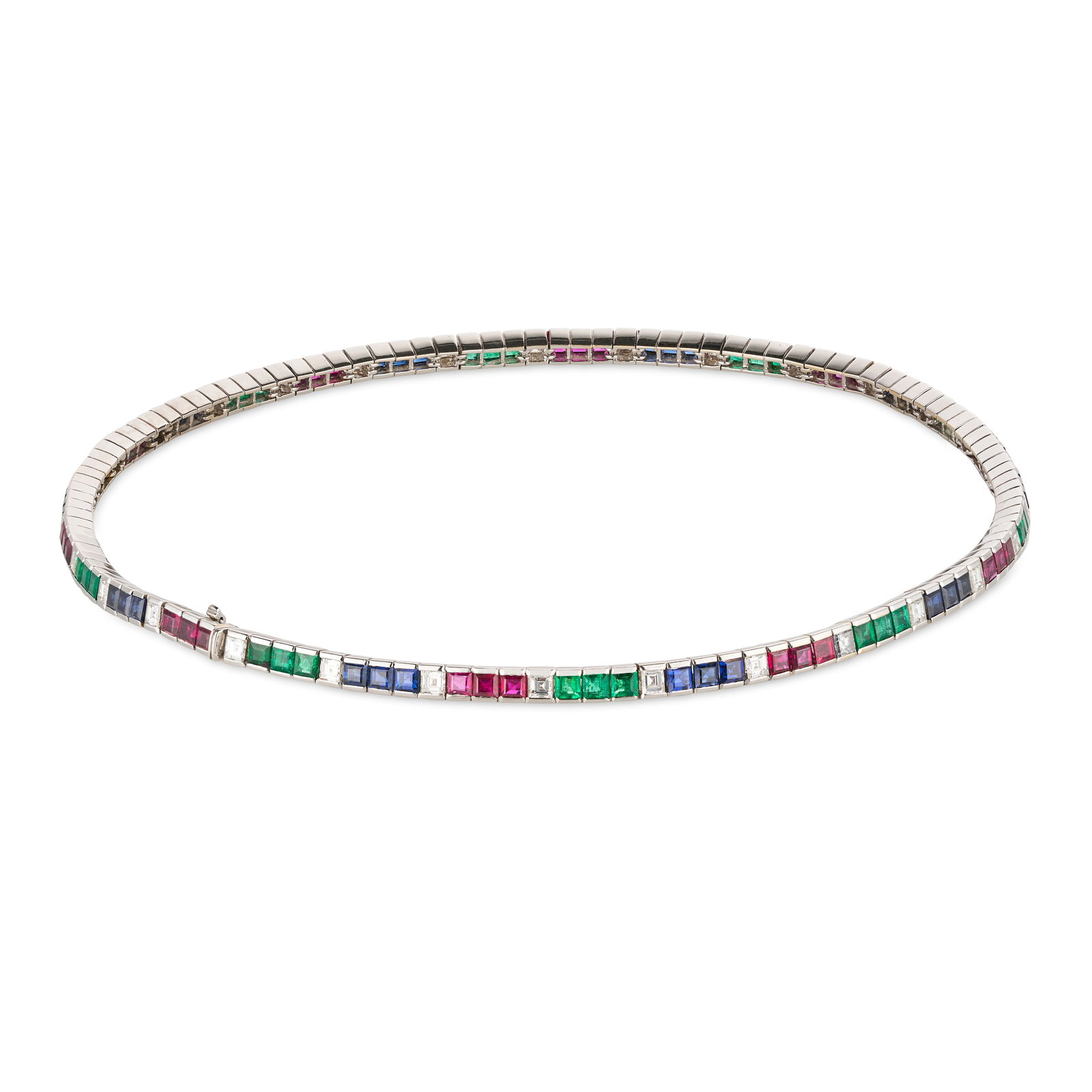 MAUBOUSSIN, A RUBY, SAPPHIRE, EMERALD AND DIAMOND NECKLACE set with trios of square step cut rubi...: MAUBOUSSIN, A RUBY, SAPPHIRE, EMERALD AND DIAMOND NECKLACE set with trios of square step cut rubies, sapphires and emeralds, accented by carre cut diamonds, signed Mauboussin Paris, no assay marks, 37