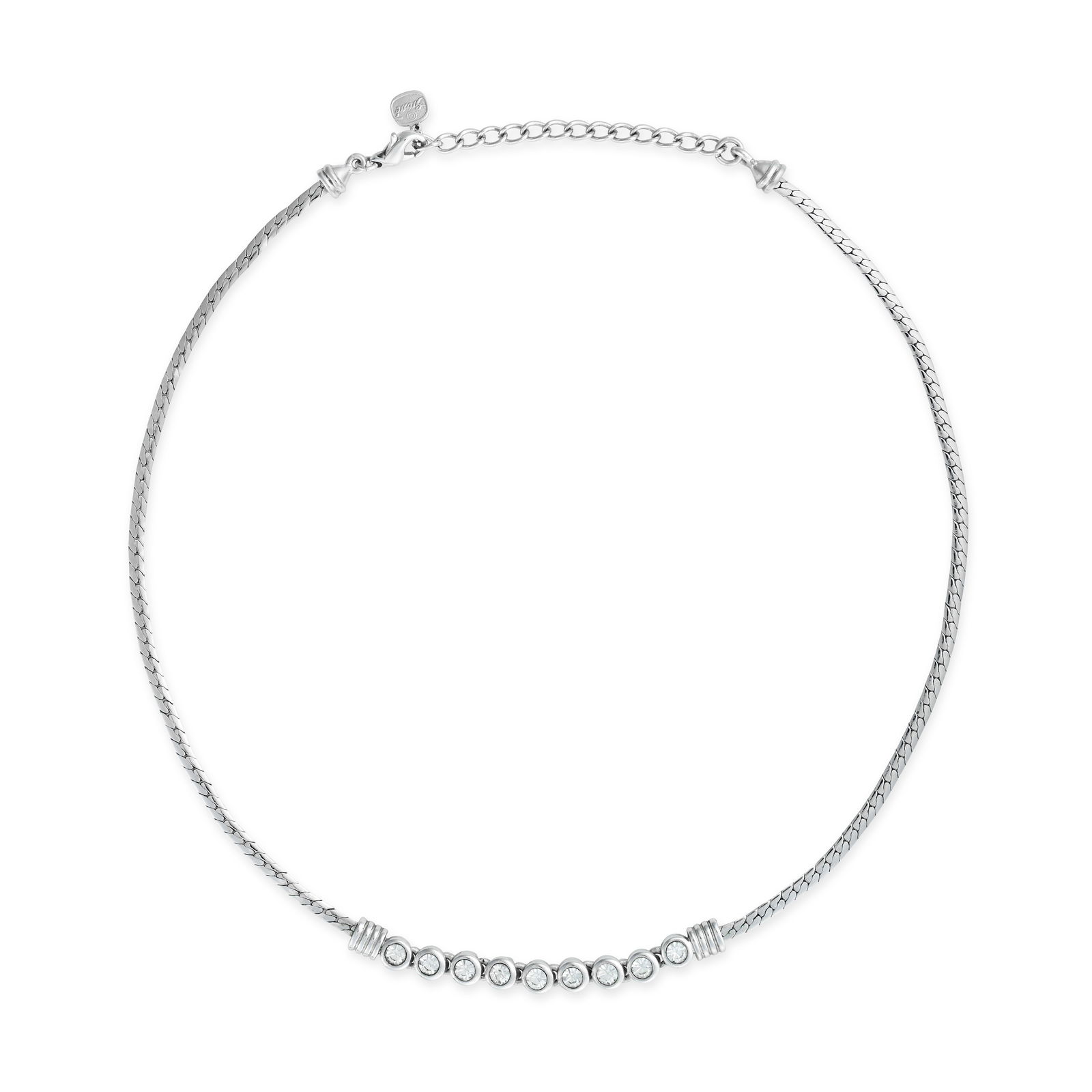 NO RESERVE - GROSSE, A RHINESTONE NECKLACE comprising nine round rhinestones on a flat curb chain,: NO RESERVE - GROSSE, A RHINESTONE NECKLACE comprising nine round rhinestones on a flat curb chain, signed Grosse, no assay marks, 39.0cm, 12.5g.