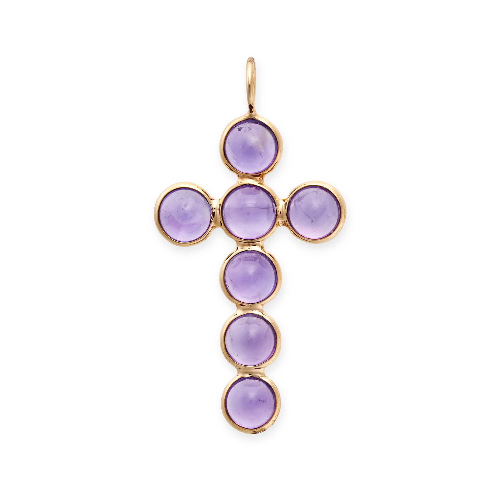 AN AMETHYST CROSS PENDANT set with seven cabochon cut amethysts, stamped 18, 2.8cm, 0.8g. (1 of 1)
