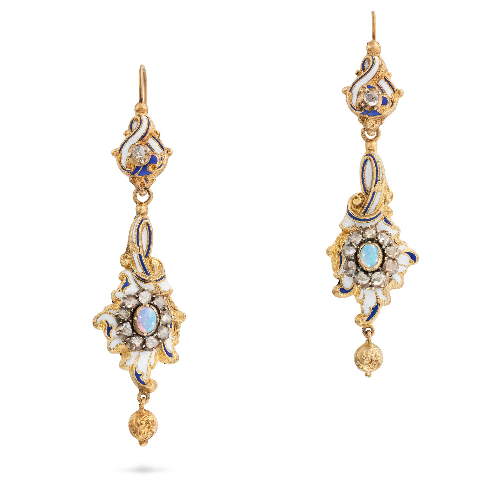 A PAIR OF ANTIQUE OPAL, DIAMOND AND ENAMEL DROP EARRINGS each in scrolling design, set with an o... (1 of 1)