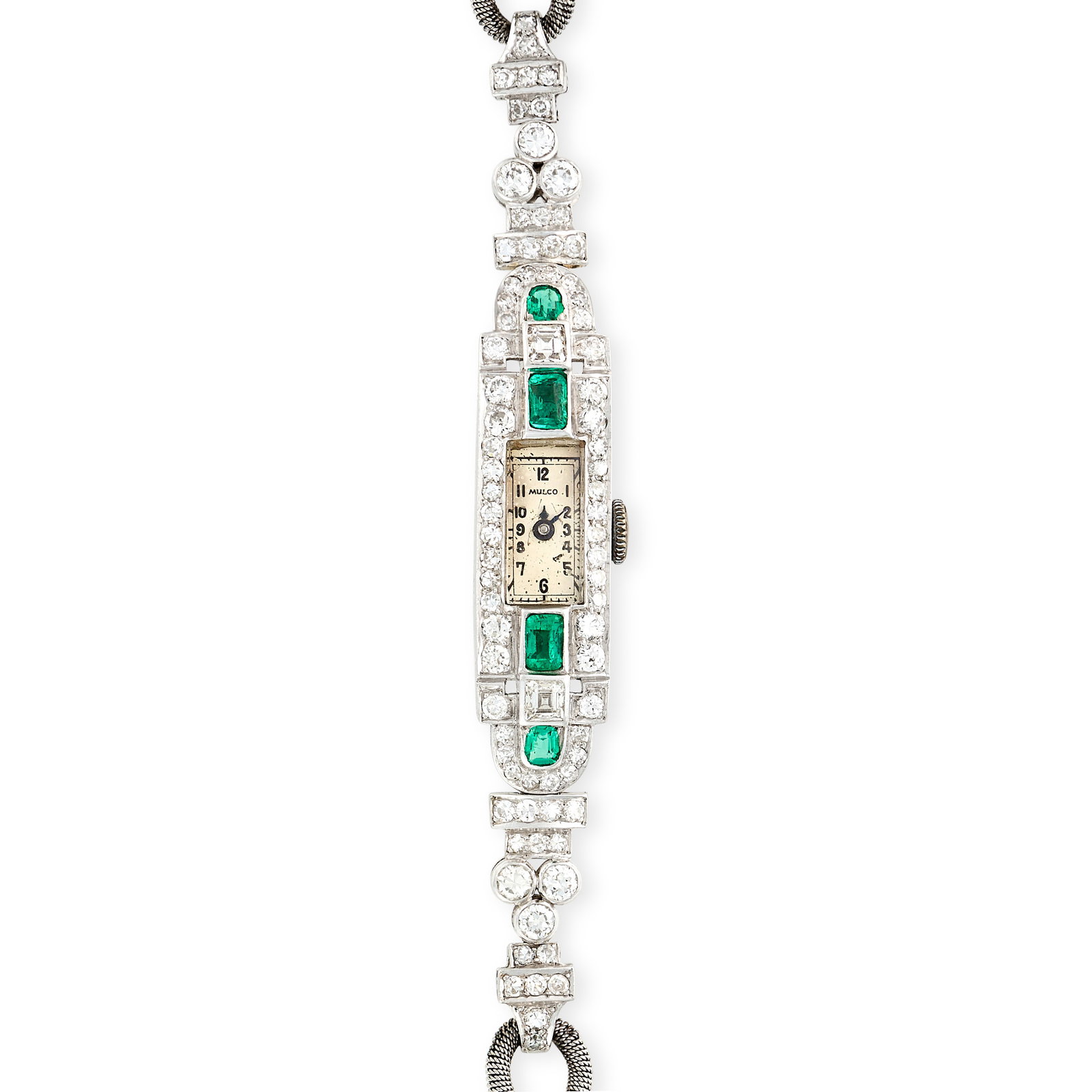 AN ART DECO EMERALD AND DIAMOND COCKTAIL WATCH in platinum and white gold, the rectangular case w... (1 of 2)