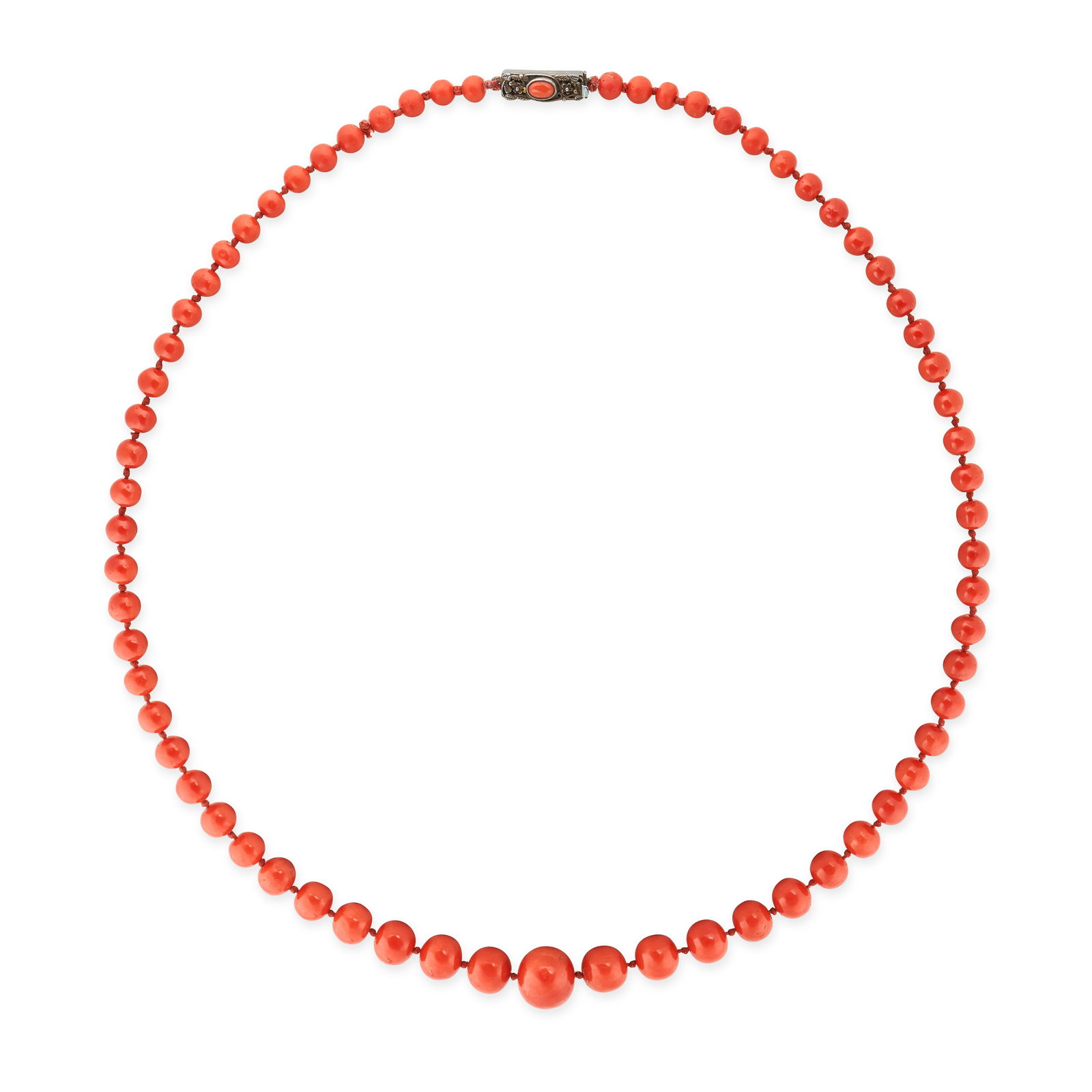 A CORAL BEAD NECKLACE comprising a single row of polished coral beads ranging from 6.9mm to 16.7mm, (1 of 1)