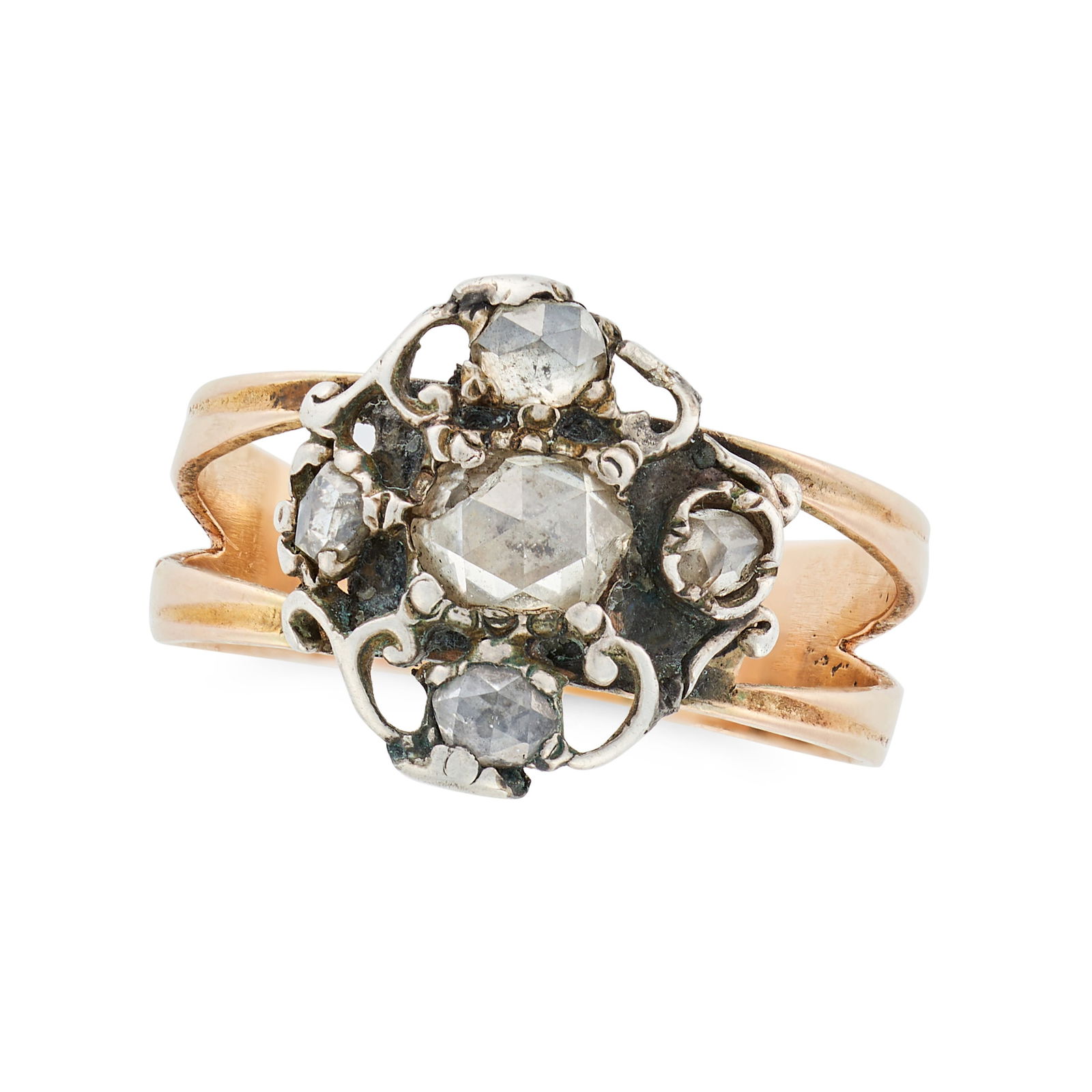 A DIAMOND RING set with rose cut diamonds, on a bifurcated band, no assay marks, size R / 8.75,: A DIAMOND RING set with rose cut diamonds, on a bifurcated band, no assay marks, size R / 8.75, 3.7g.