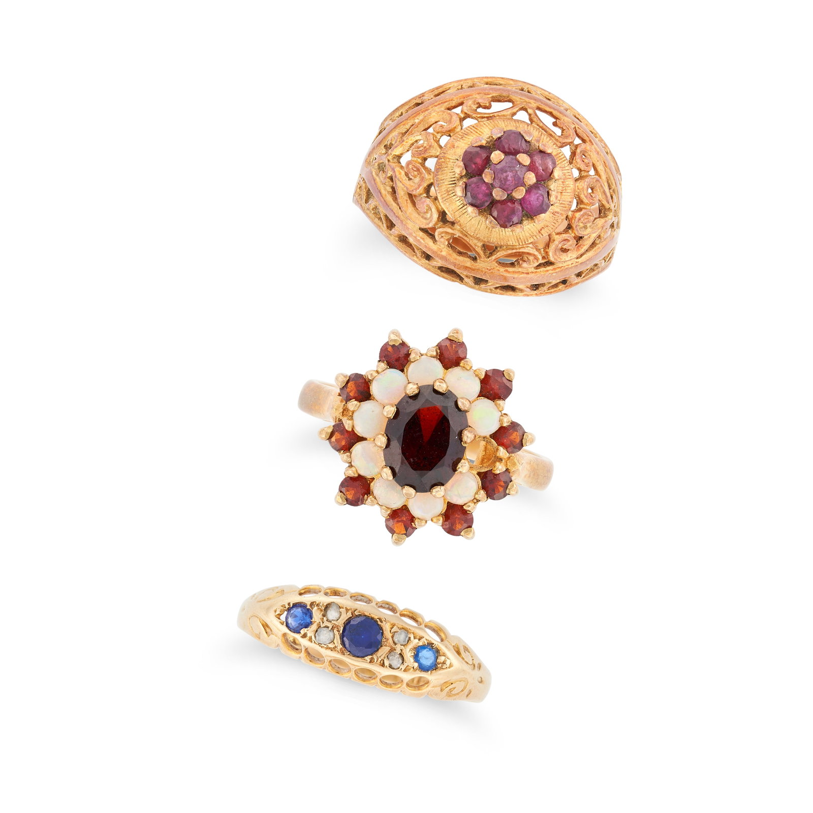 NO RESERVE - A COLLECTION OF RINGS comprising a sapphire and diamond ring in 18ct yellow gold, set: NO RESERVE - A COLLECTION OF RINGS comprising a sapphire and diamond ring in 18ct yellow gold, set with round cut sapphires and rose cut diamonds, full British hallmarks for Birmingham 1915, size P1/2