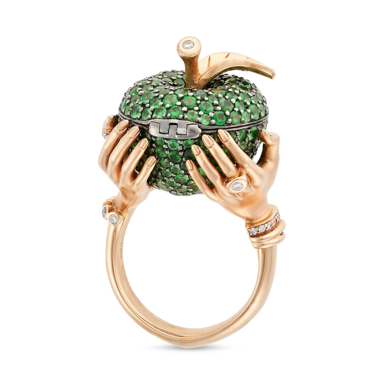 STEPHEN WEBSTER, A TSAVORITE GARNET AND DIAMOND POISON APPLE RING designed as an apple pave set with: STEPHEN WEBSTER, A TSAVORITE GARNET AND DIAMOND POISON APPLE RING designed as an apple pave set with round cut tsavorite garnets and a round brilliant cut diamond, opening to reveal a locket compartme