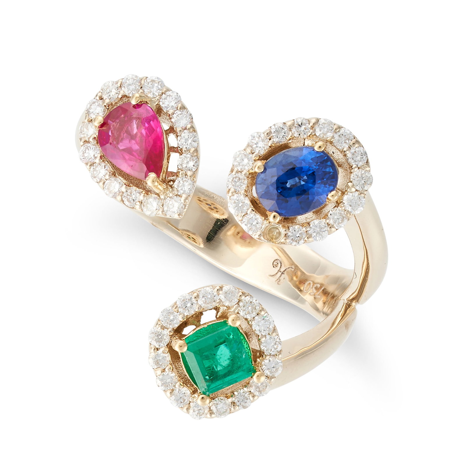 A RUBY, SAPPHIRE, EMERALD AND DIAMOND DRESS RING set with a square step cut emerald, oval cut: A RUBY, SAPPHIRE, EMERALD AND DIAMOND DRESS RING set with a square step cut emerald, oval cut sapphire and pear cut ruby, in borders of round brilliant cut diamonds, stamped 750, size L1/2 / 6, 5.9g.