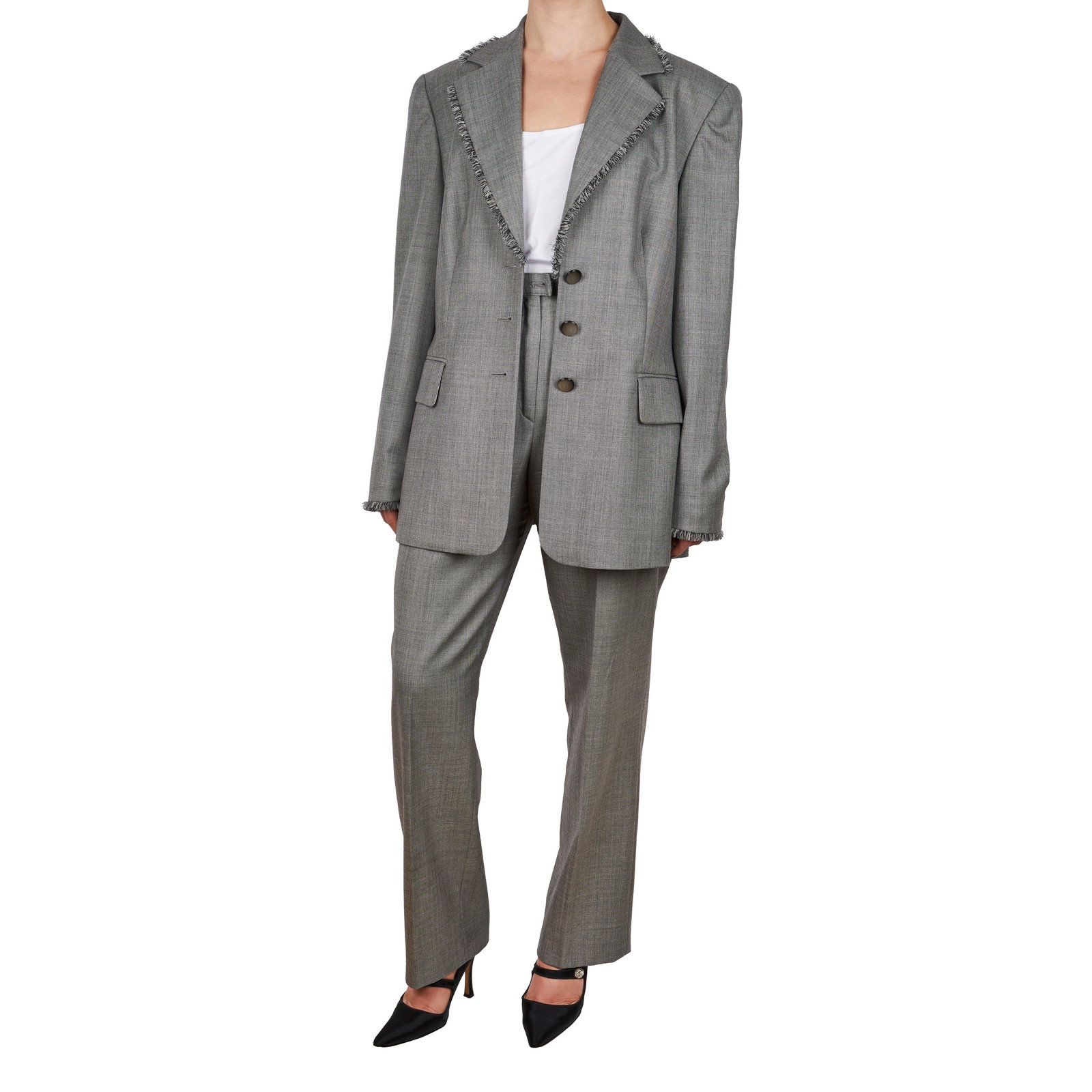 NO RESERVE ESCADA GREY SUIT Condition grade B. Blazer: size 40. Trousers: size 38. Blazer: 98cm: NO RESERVE ESCADA GREY SUIT Condition grade B. Blazer: size 40. Trousers: size 38. Blazer: 98cm chest, 71cm length. Trousers: 76cm waist, 102cm length. Grey blazer with fringe detailing, shoulder pads