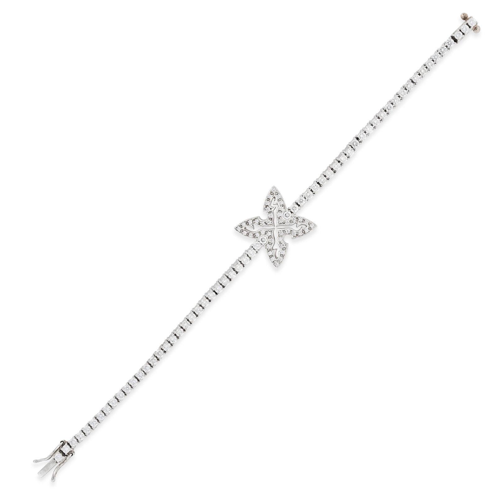 STEPHEN WEBSTER, A DIAMOND BRACELET in 18ct white gold, set with a row of round brilliant cut: STEPHEN WEBSTER, A DIAMOND BRACELET in 18ct white gold, set with a row of round brilliant cut diamonds, accented by a central foliate motif set with further diamonds, the diamonds all totalling 3.0-3.