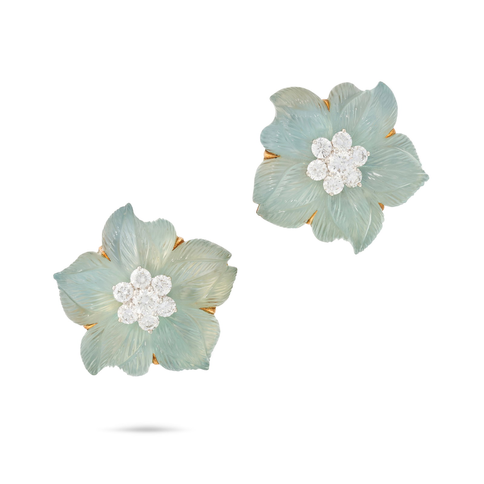 SEAMAN SCHEPPS, A PAIR OF CARVED CRYSTAL AND DIAMOND CLEMATIS EARRINGS each set with carved blue (1 of 2)