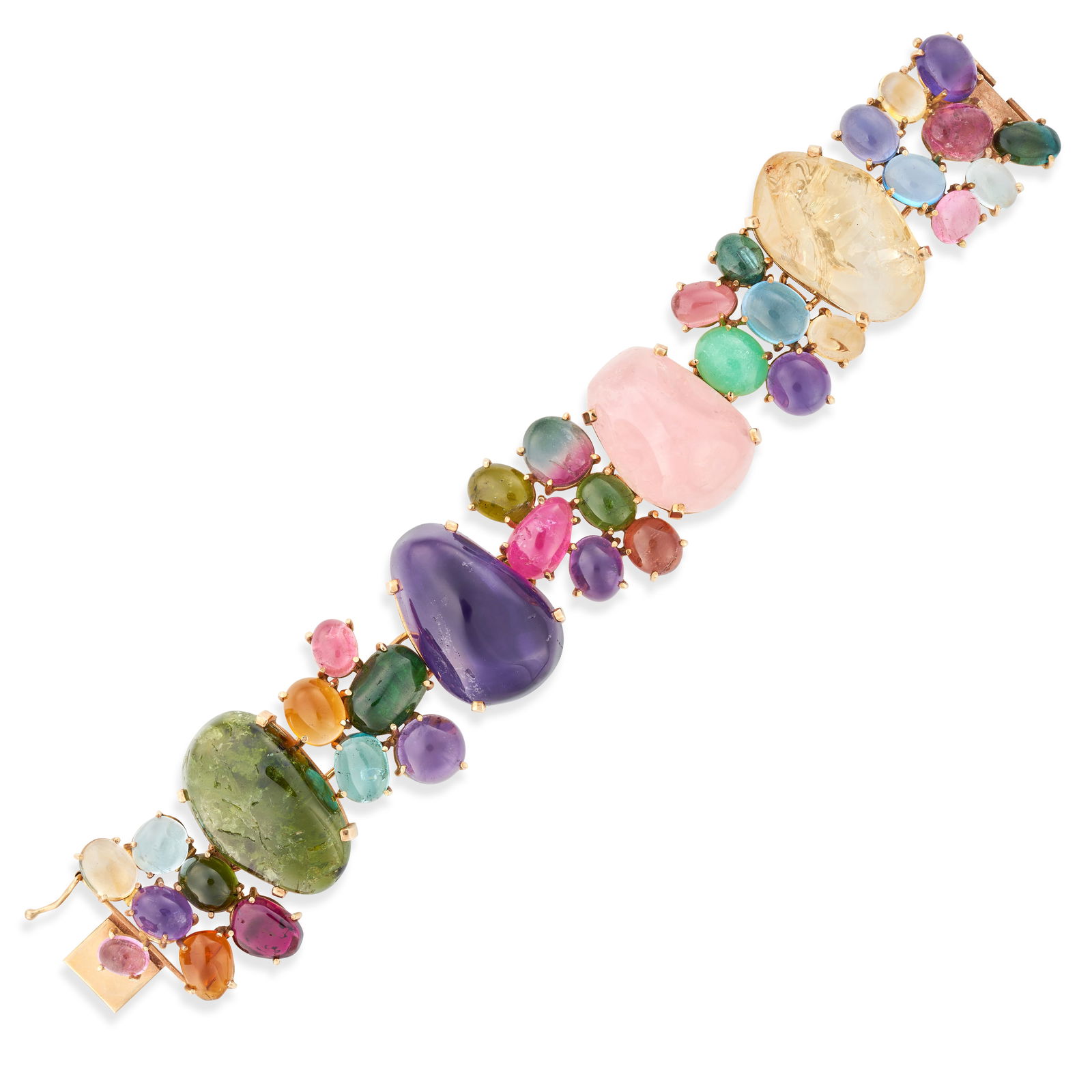 A LARGE MULTI GEM BRACELET set with cabochon amethysts, citrines, green, blue, pink and watermelon (1 of 2)