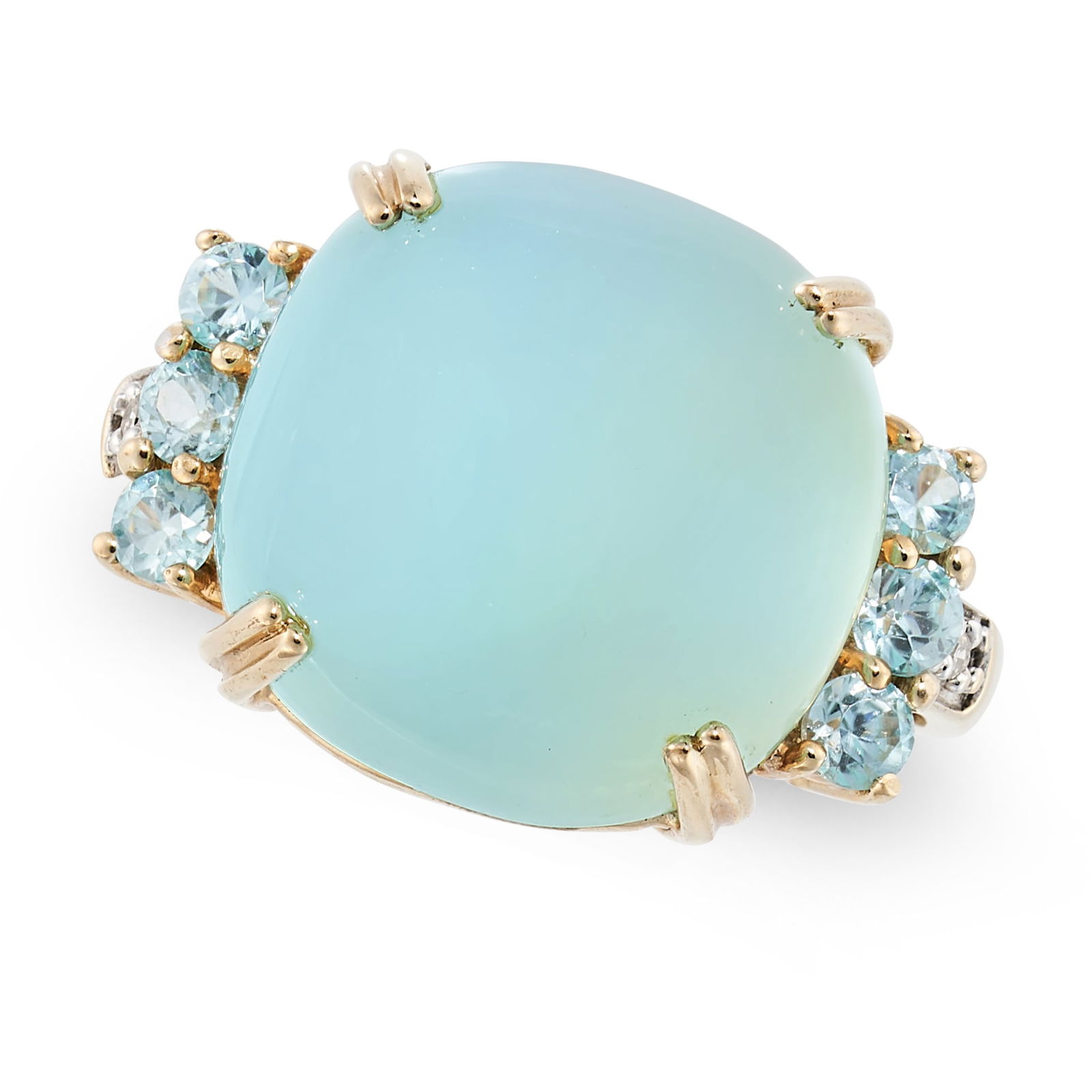AN AQUA CHALCEDONY, BLUE ZIRCON AND DIAMOND RING set with a cabochon aqua chalcedony accented by (1 of 2)