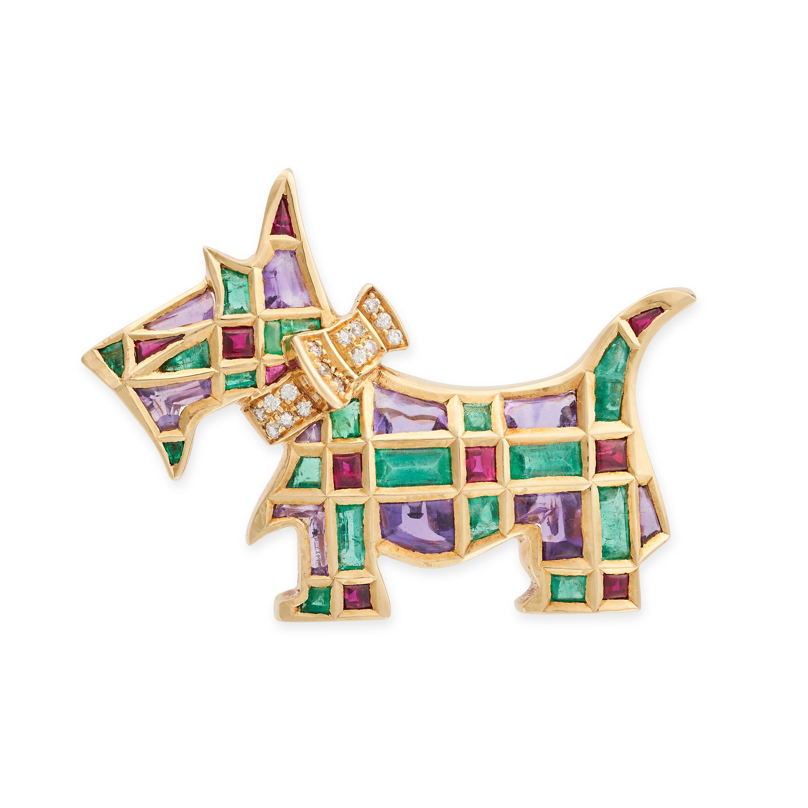 A MULTI GEM DOG BROOCH / PENDANT designed as a Scottish terrier set with buff top emeralds, (1 of 2)