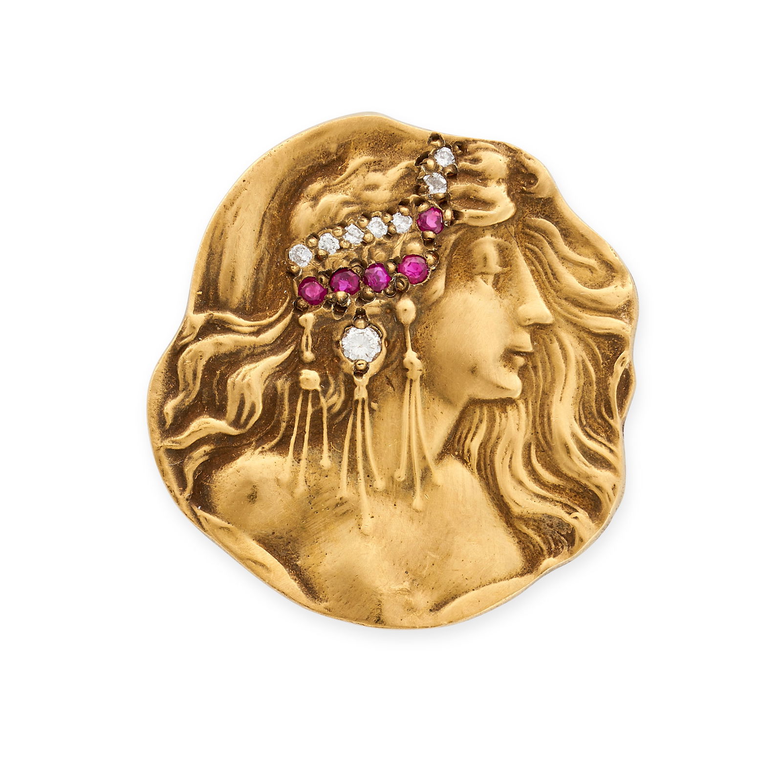 NO RESERVE - A RUBY AND DIAMOND BROOCH designed as the profile of a woman wearing a hair ornament, (1 of 1)
