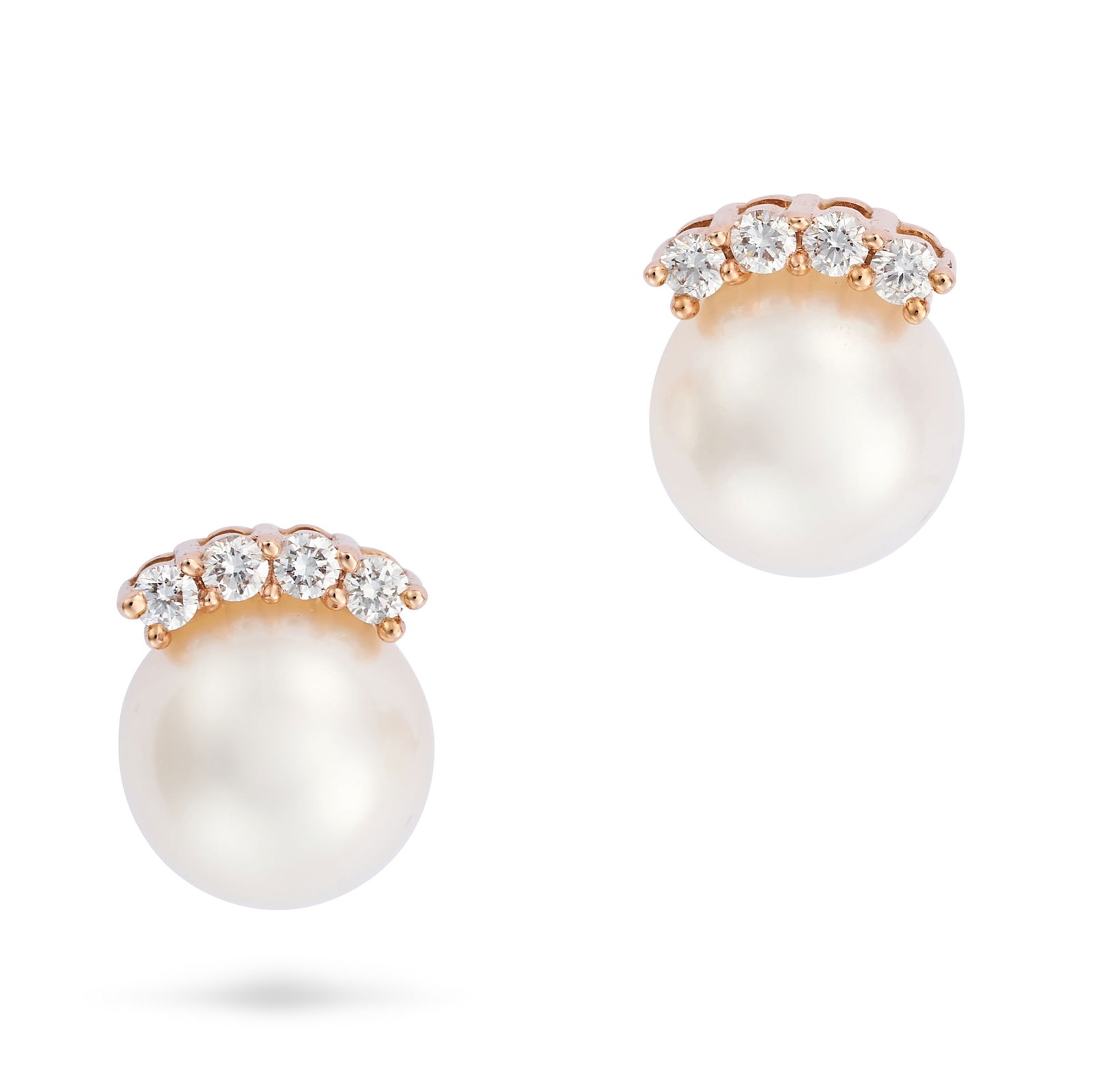 BUCHERER, A PAIR OF PEARL AND DIAMOND STUD EARRINGS each set with a pearl of 7.0mm, accented by a: BUCHERER, A PAIR OF PEARL AND DIAMOND STUD EARRINGS each set with a pearl of 7.0mm, accented by a row of four round brilliant cut diamonds, signed CB, stamped AU750, 0.9cm, 2.8g.