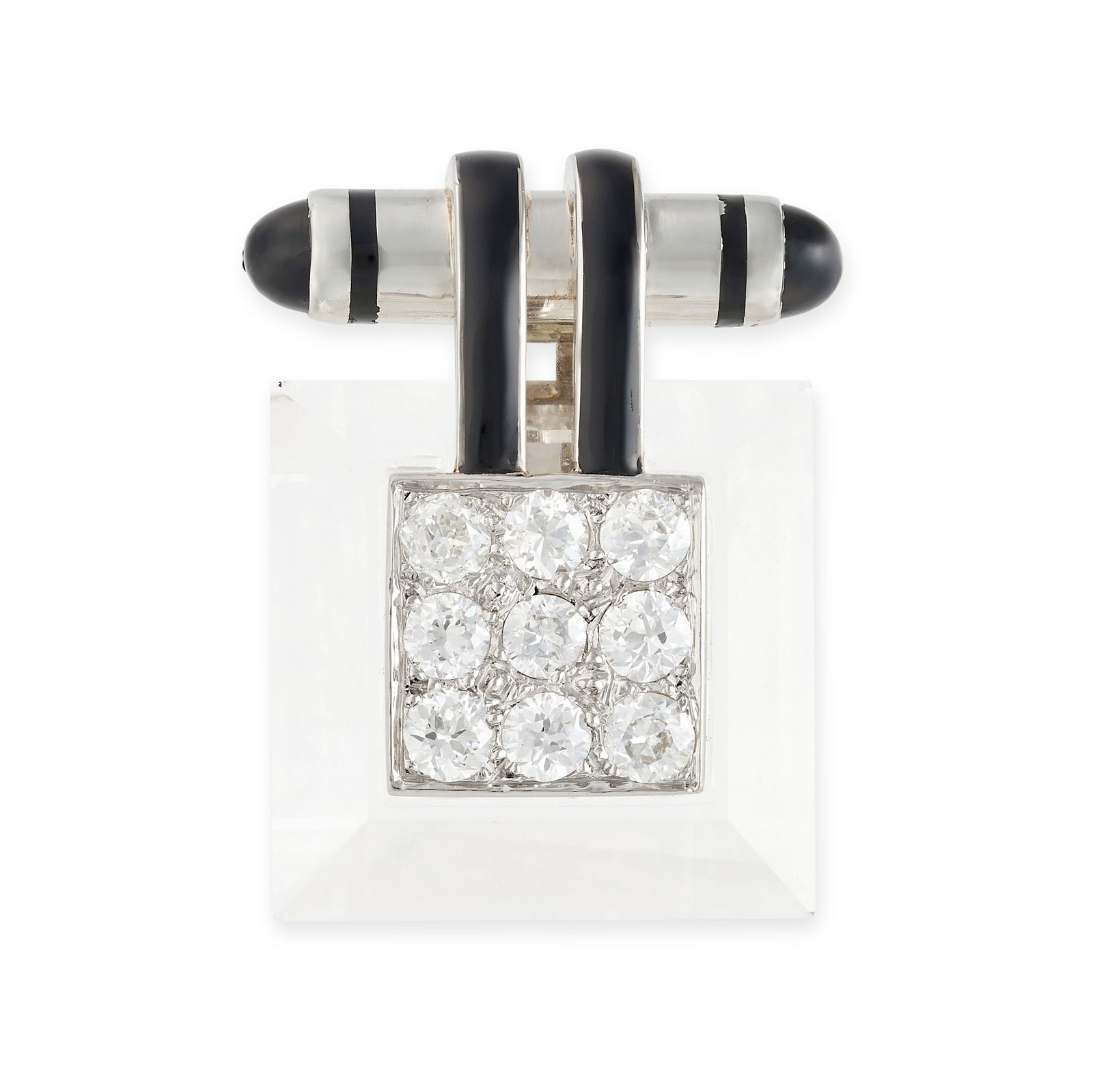 SUZANNE BELPERRON, A ROCK CRYSTAL, ENAMEL AND DIAMOND CLIP BROOCH the rock crystal square set: SUZANNE BELPERRON, A ROCK CRYSTAL, ENAMEL AND DIAMOND CLIP BROOCH the rock crystal square set with nine round brilliant cut diamonds accented with black enamel on the clip, Groene & Darde maker's mark