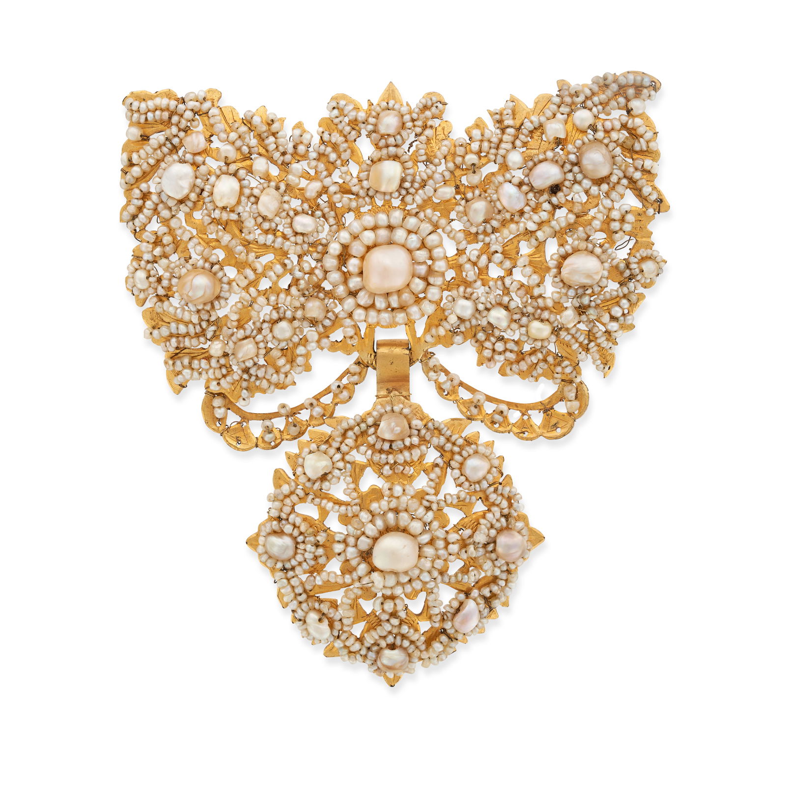 AN ANTIQUE SEED PEARL BROOCH in yellow gold, the bow shaped body set with seed pearls, suspending a (1 of 1)