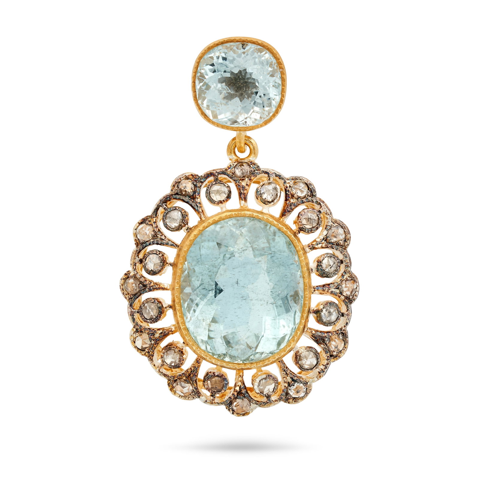 NO RESERVE - AN AQUAMARINE AND DIAMOND PENDANT set with a cushion cut aquamarine, suspending a drop: NO RESERVE - AN AQUAMARINE AND DIAMOND PENDANT set with a cushion cut aquamarine, suspending a drop set with a cushion cut aquamarine of approximately 3.72 carats in an openwork border set with rose c
