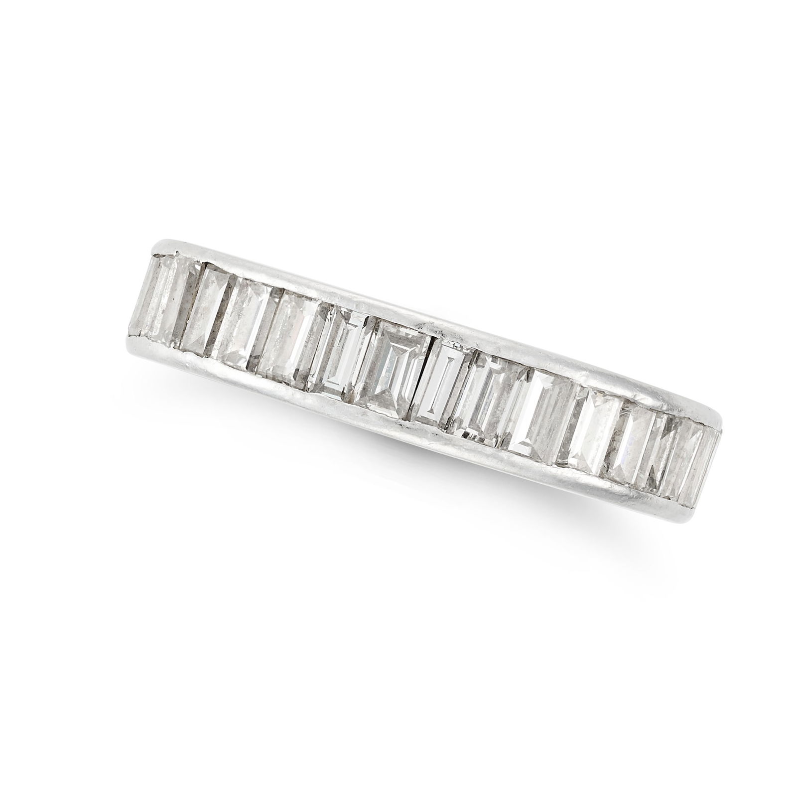 A DIAMOND FULL ETERNITY RING set all around with a row of baguette cut diamonds, no assay marks, (1 of 2)