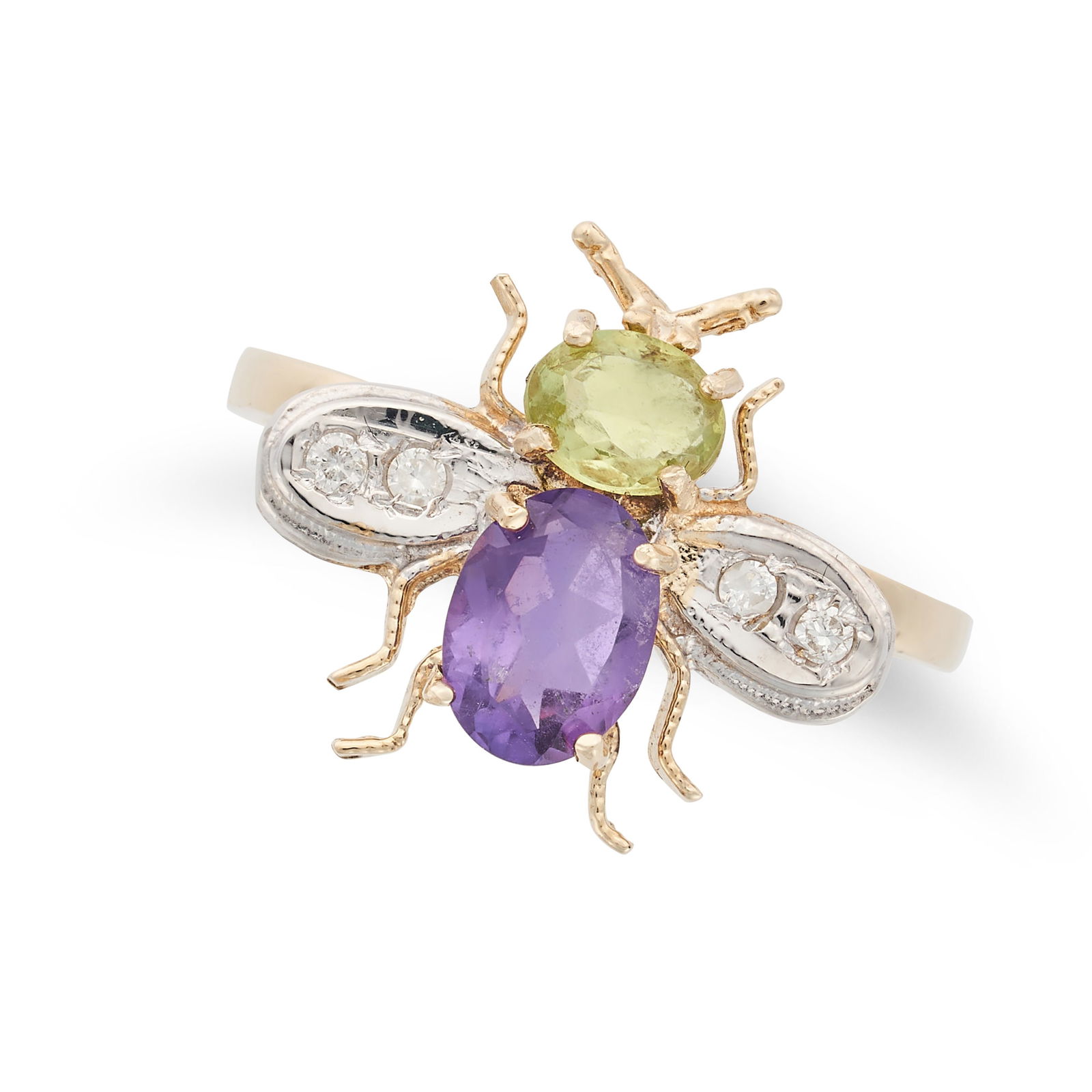 AN AMETHYST, PERIDOT AND DIAMOND FLY RING in 9ct yellow gold, designed as a fly set with an oval cut (1 of 1)