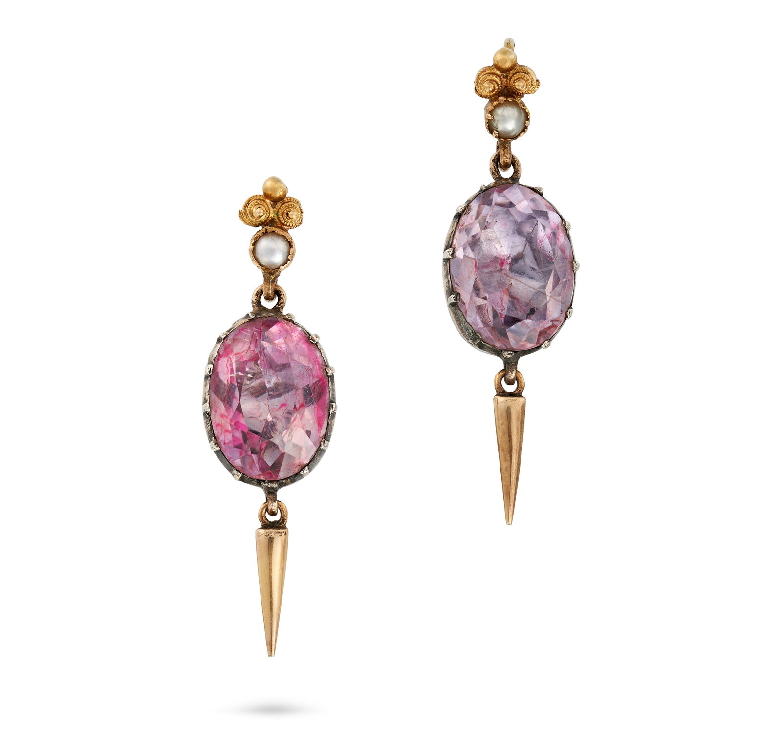 A PAIR OF ANTIQUE FOILED AMETHYST AND PEARL DROP EARRINGS each comprising a hook fitting set with a: A PAIR OF ANTIQUE FOILED AMETHYST AND PEARL DROP EARRINGS each comprising a hook fitting set with a pearl, suspending an oval cut foiled amethyst drop, no assay marks, 3.7cm, 6.2g.