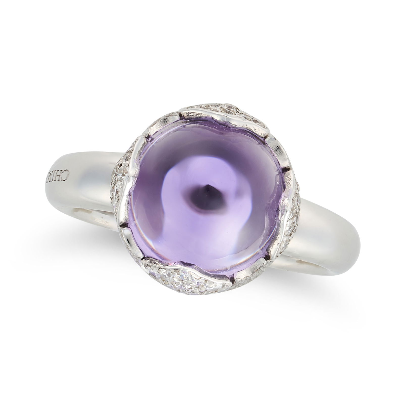CHIMENTO, AN AMETHYST AND DIAMOND RING in 18ct white gold, set with a round cabochon amethyst,: CHIMENTO, AN AMETHYST AND DIAMOND RING in 18ct white gold, set with a round cabochon amethyst, accented by pave set round brilliant cut diamonds, signed Chimento, Italian assay marks, stamped 750, siz