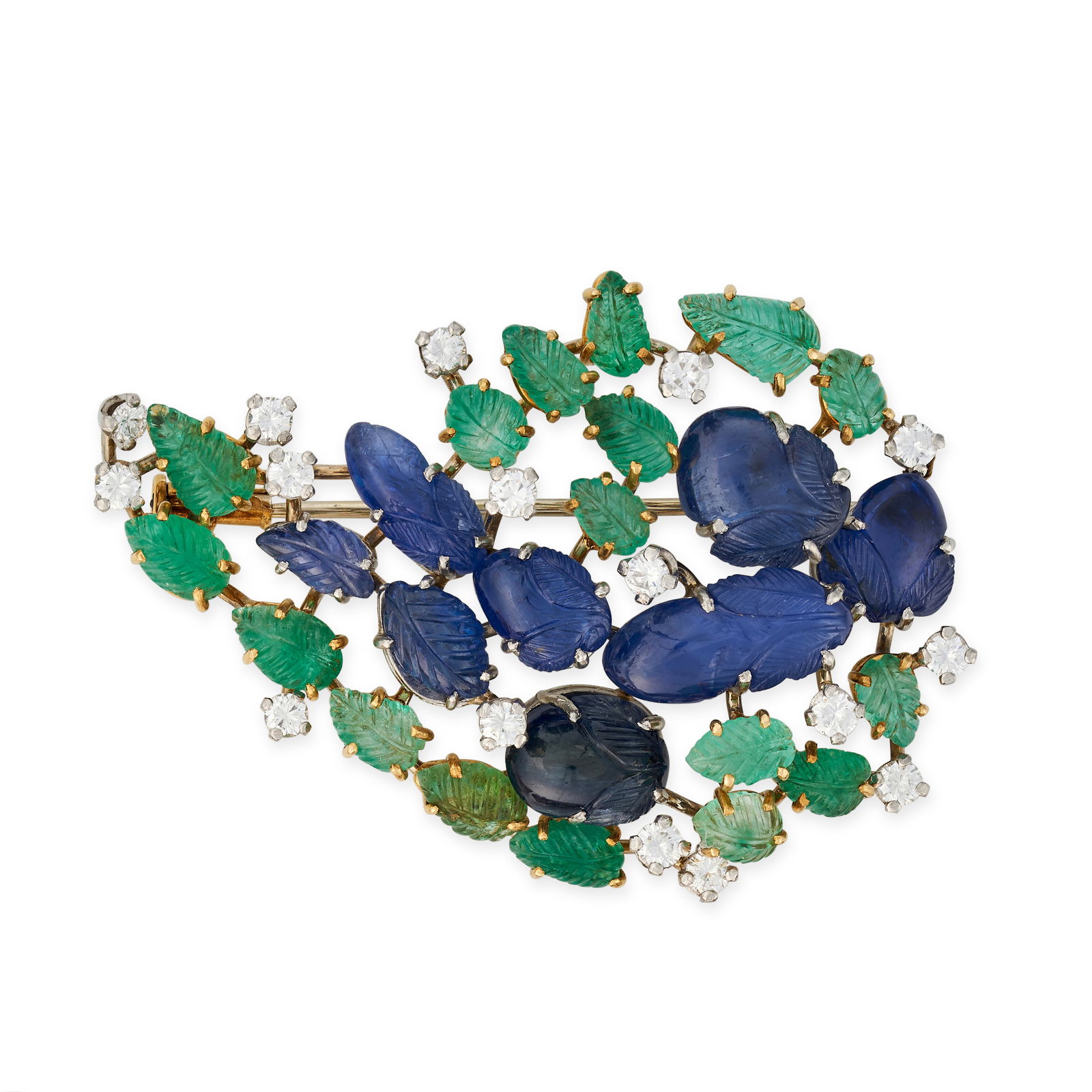 GRIMA, A VINTAGE SAPPHIRE, EMERALD AND DIAMOND BROOCH, 1960S in yellow and white gold, set with a: GRIMA, A VINTAGE SAPPHIRE, EMERALD AND DIAMOND BROOCH, 1960S in yellow and white gold, set with a spray of carved sapphire and emerald leaves, accented by round brilliant cut diamonds, signed Grima, n