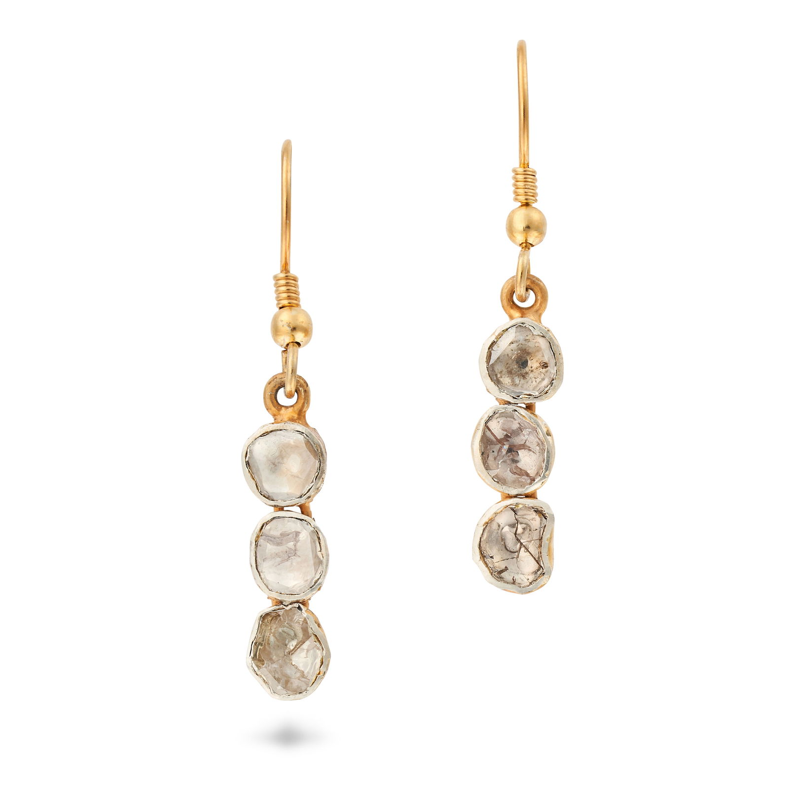 A PAIR OF DIAMOND DROP EARRINGS each suspending three flat cut diamonds, no assay marks, 3.7cm, (1 of 1)