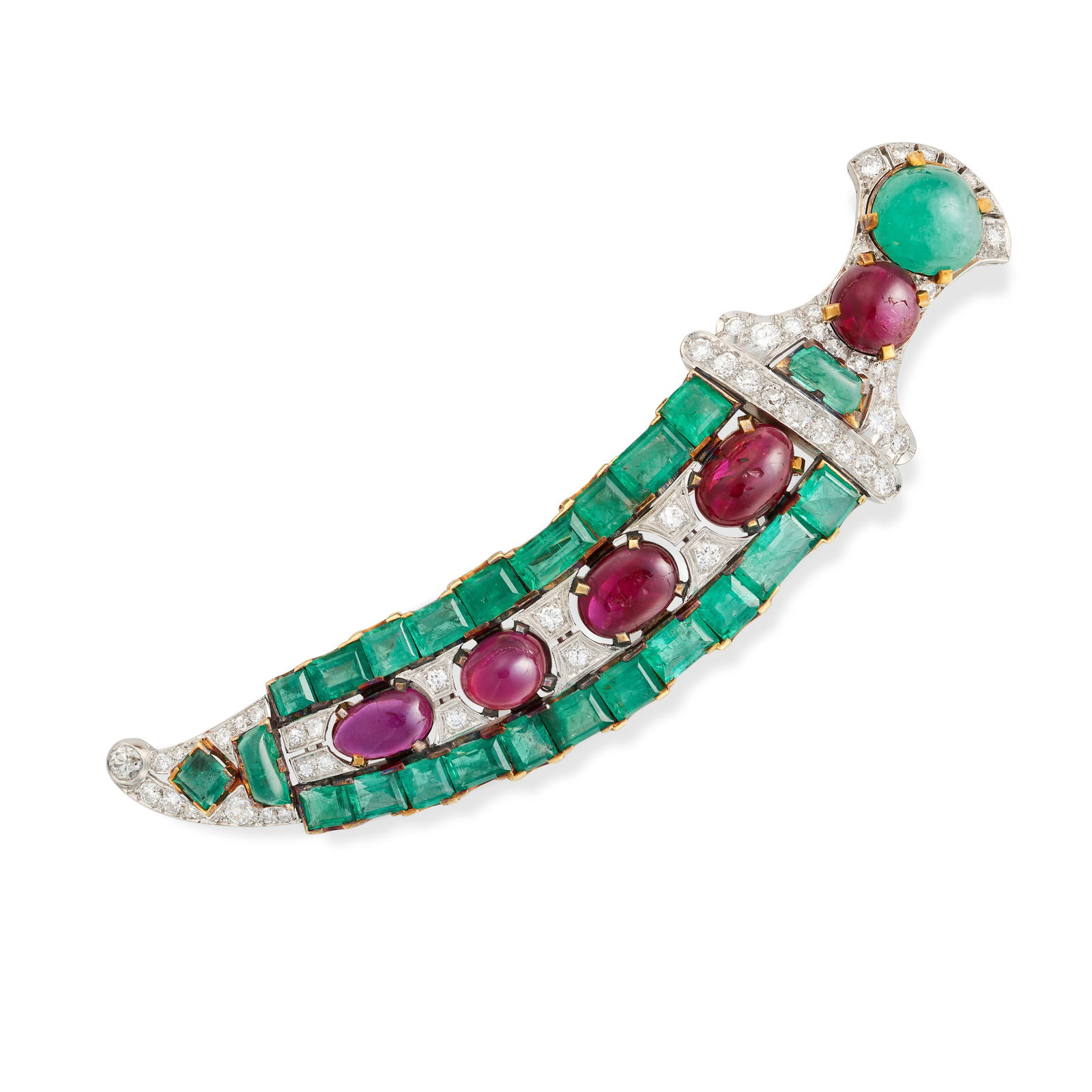 A RUBY, EMERALD AND DIAMOND DAGGER BROOCH, 1940S set with a row of oval and round cabochon rubies,: A RUBY, EMERALD AND DIAMOND DAGGER BROOCH, 1940S set with a row of oval and round cabochon rubies, accented by cabochon and step cut emeralds and old cut diamonds, 10.0cm, 36.7g.