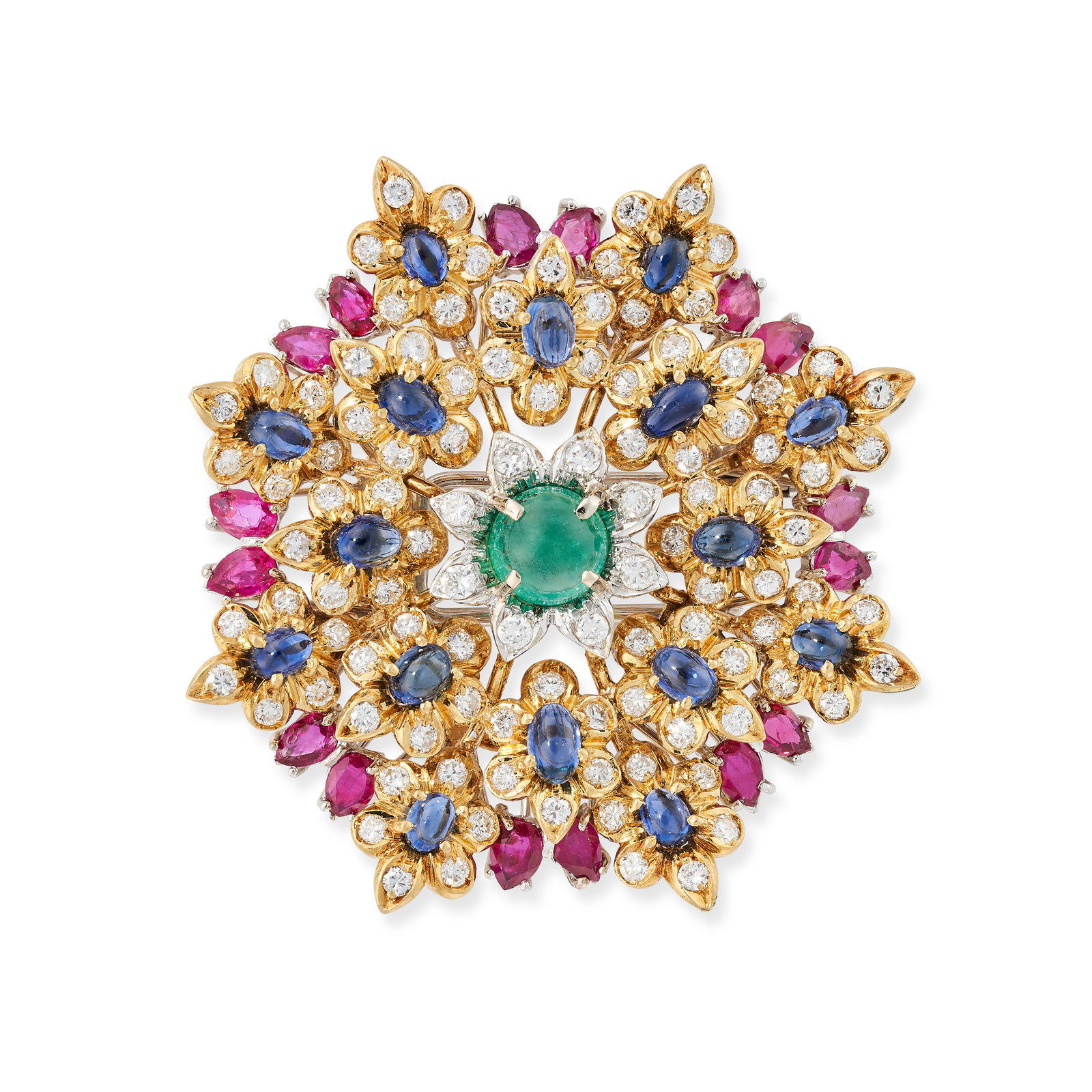 AN EMERALD, SAPPHIRE, RUBY AND DIAMOND FLOWER BROOCH set to the centre with a round cabochon emerald: AN EMERALD, SAPPHIRE, RUBY AND DIAMOND FLOWER BROOCH set to the centre with a round cabochon emerald and diamond set petals, accented by floral clusters of sapphires and diamonds, accented by pear cut
