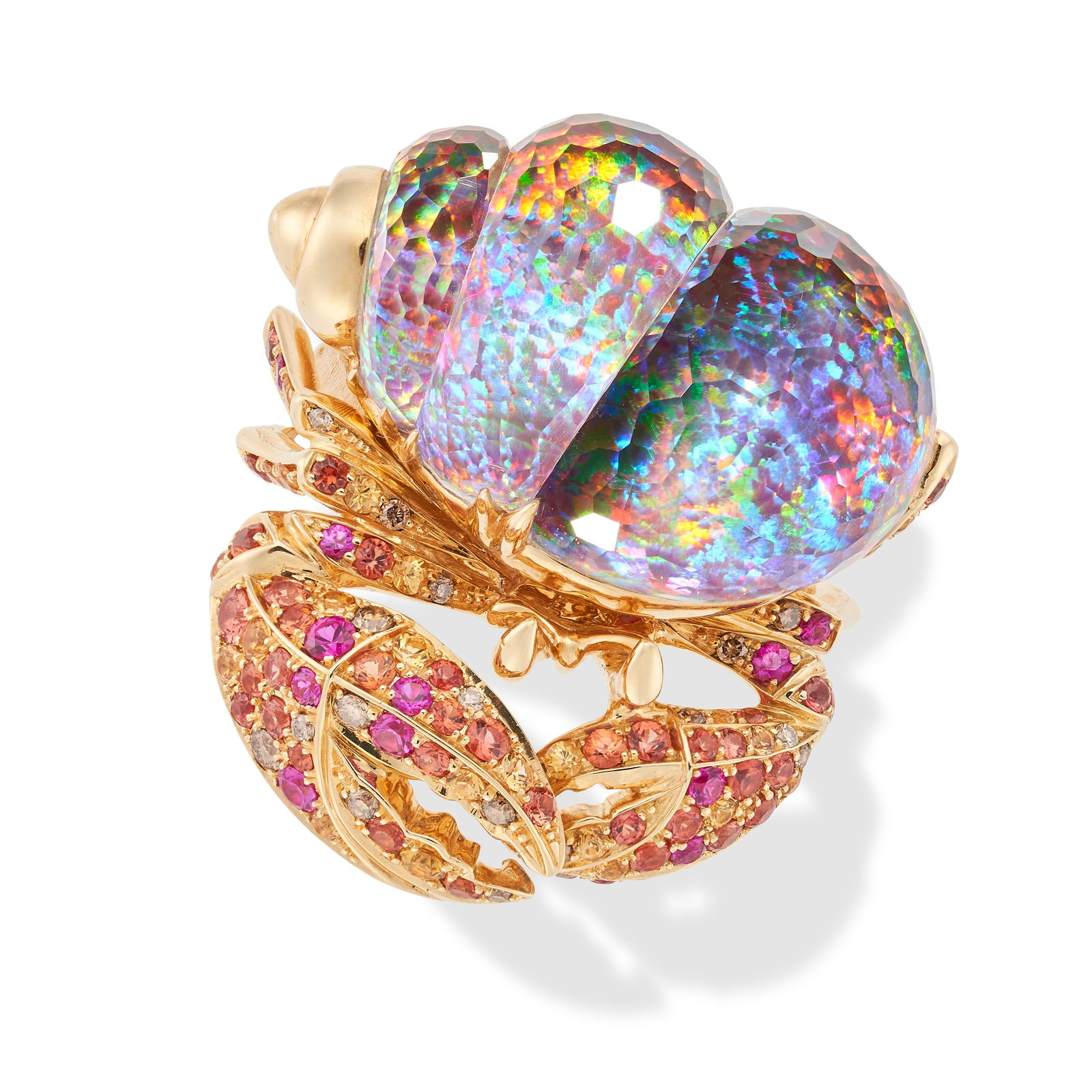 STEPHEN WEBSTER, A MULTI GEM HERMIT CRAB RING in 18ct yellow gold, designed as a hermit crab, the: STEPHEN WEBSTER, A MULTI GEM HERMIT CRAB RING in 18ct yellow gold, designed as a hermit crab, the shell set with a slice of synthetic opal topped by a faceted rock crystal, accented by round cut rubie