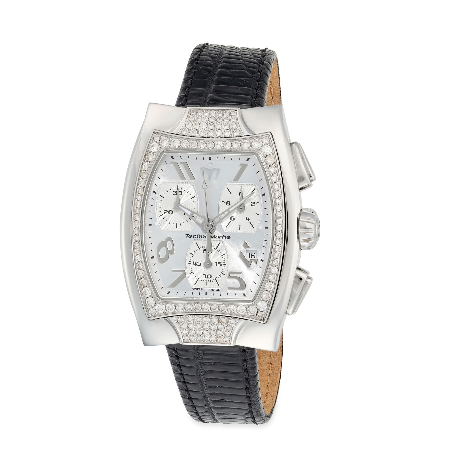 TECHNOMARINE - A DIAMOND CHRONOGRAPH WRISTWATCH, the tonneau-shaped dial with Arabic numerals,: TECHNOMARINE - A DIAMOND CHRONOGRAPH WRISTWATCH, the tonneau-shaped dial with Arabic numerals, subdials for hours, minutes and seconds to 3,6,9 o'clock, diamonds to the bezel, fitted to a black leathe