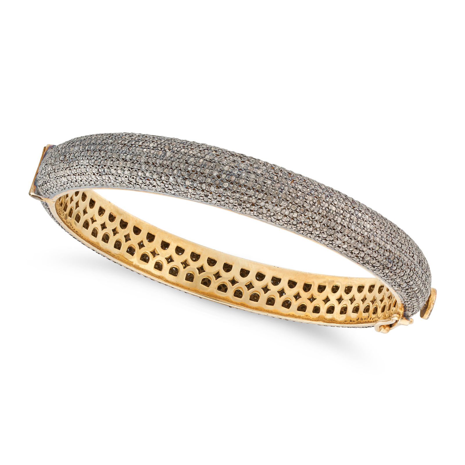 A DIAMOND BANGLE the hinged bangle pave set with rows of round cut diamonds, the diamonds totalling (1 of 1)