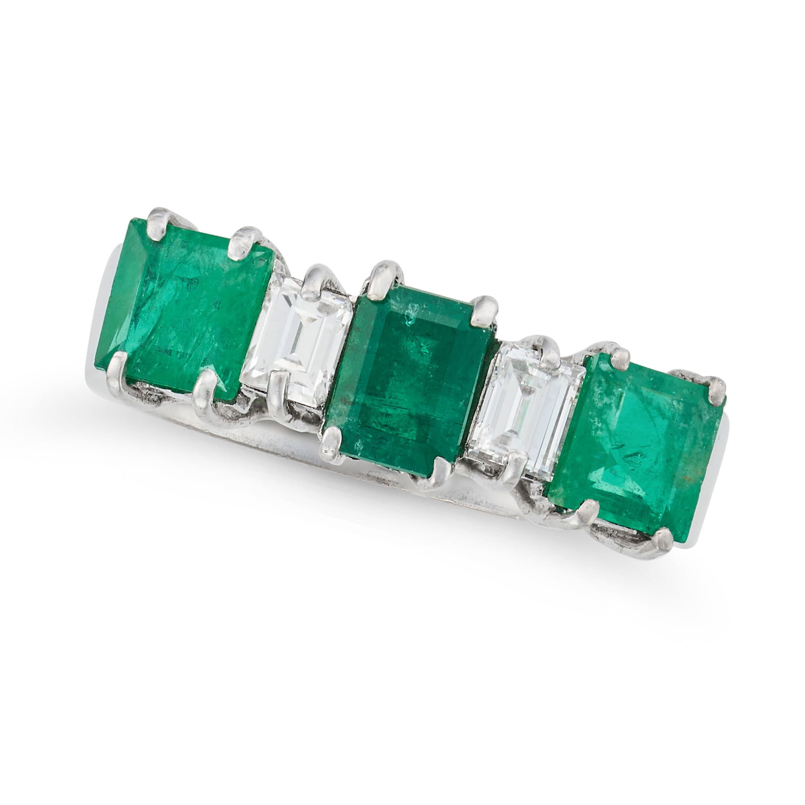 AN EMERALD AND DIAMOND RING set with three octagonal step cut emeralds and two baguette cut (1 of 1)
