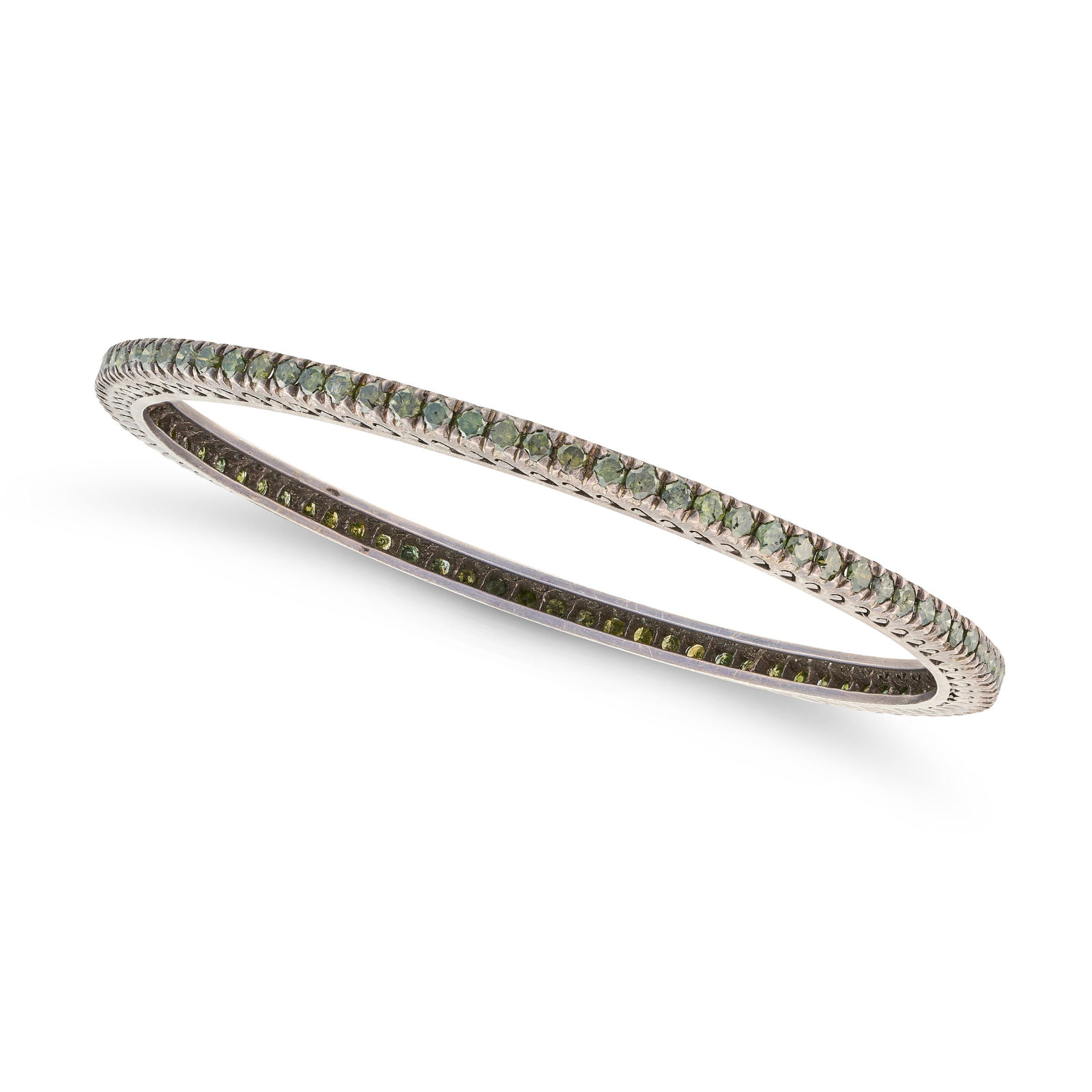 AN IRRADIATED GREEN DIAMOND BANGLE set all around with a row of round cut irradiated green diamonds, (1 of 1)