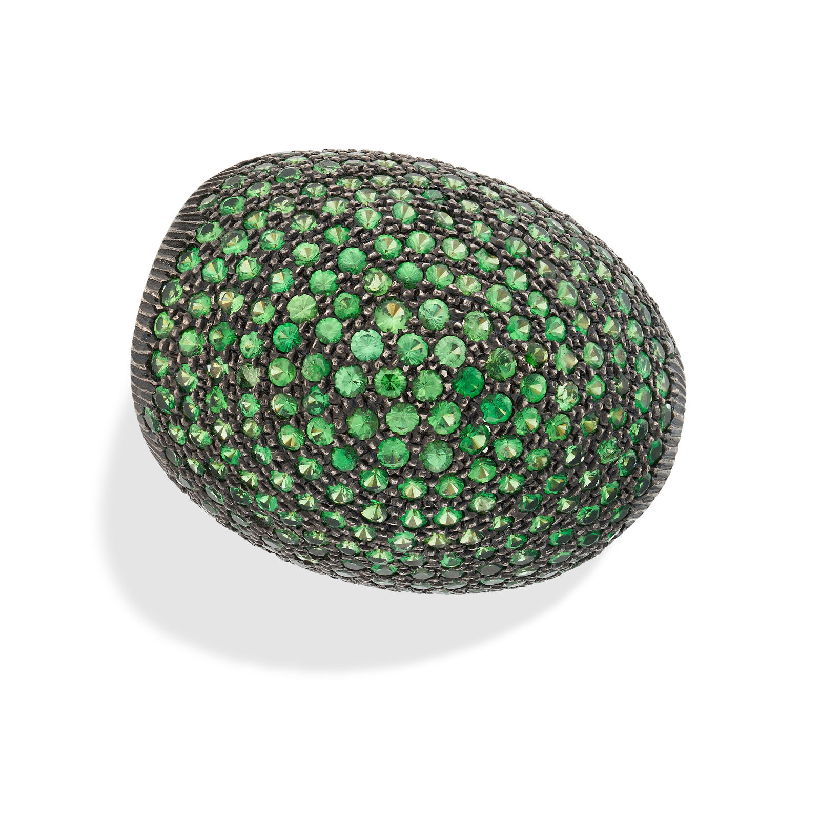 A TSAVORITE GARNET BOMBE RING the bombe face set throughout with round cut tsavorite garnets, the (1 of 2)