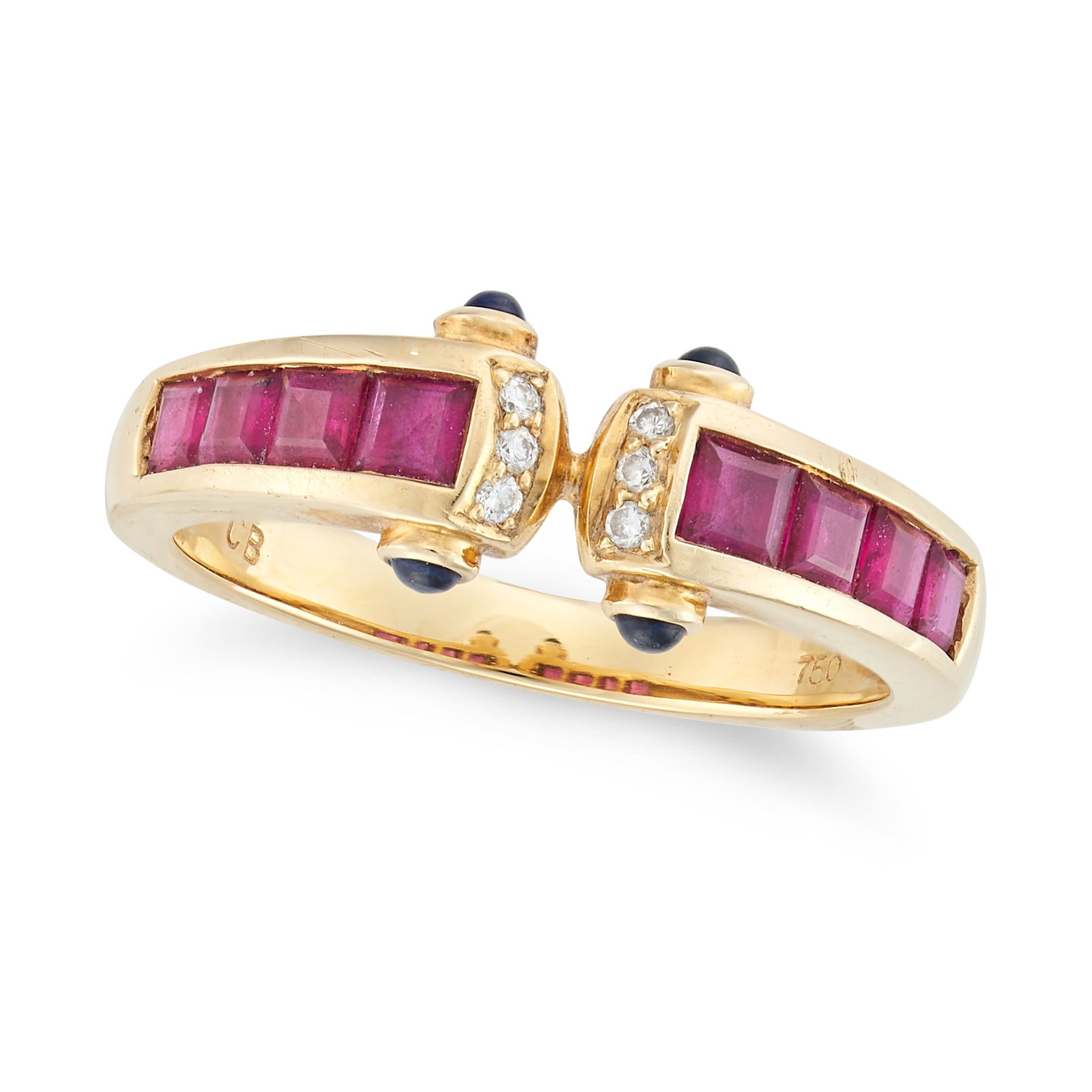 A RUBY, SAPPHIRE AND DIAMOND DRESS RING set with a row of square step cut rubies terminating in (1 of 2)